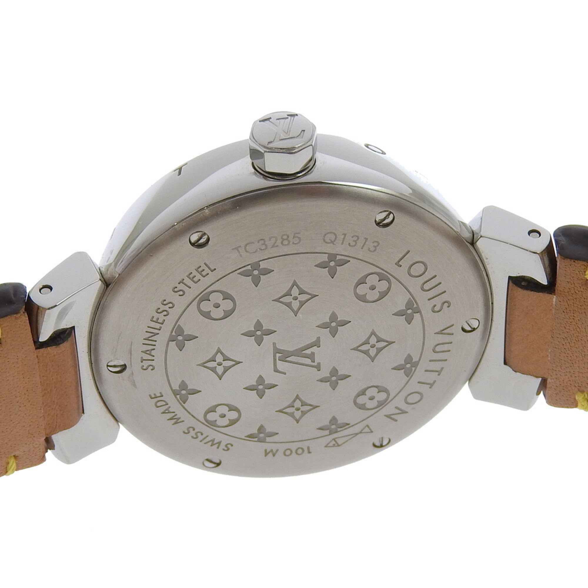 Louis Vuitton Tambour-horloge Q1313, roestvrij staal x Monogram-canvas, quartz, analoog display, witte wijzerplaat, damesmodel