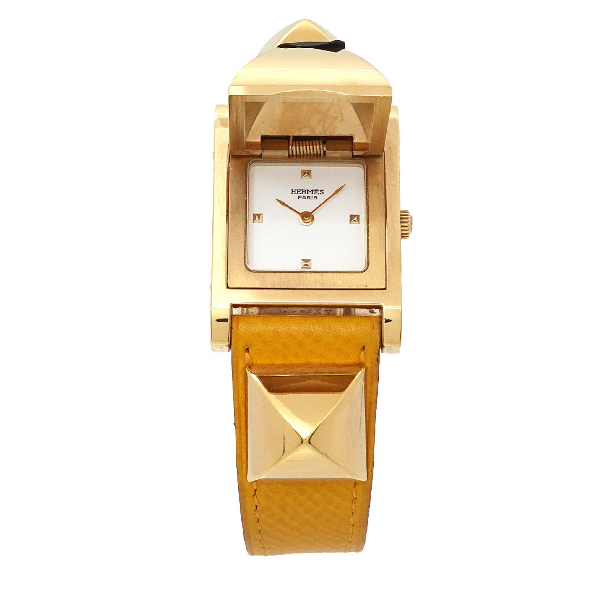 Hermes Medor Women's Watch, Pyramid Design, Gold Studs, White and Yellow Leather Strap, Quartz Movement.