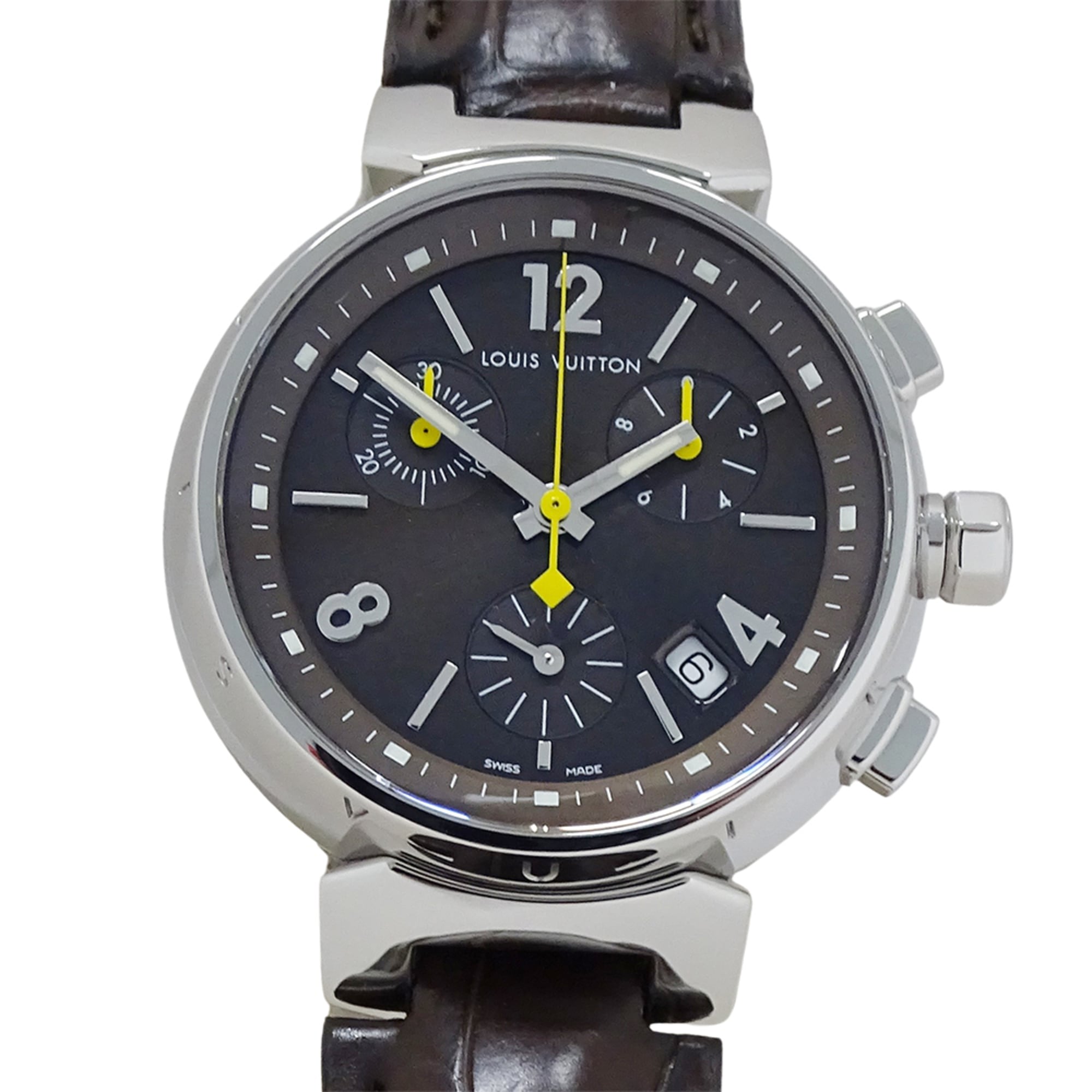 Louis Vuitton LOUIS VUITTON Boys' Watch Tambour Chronograph Date Quartz QZ Stainless Steel SS Leather Q1321 Silver Brown