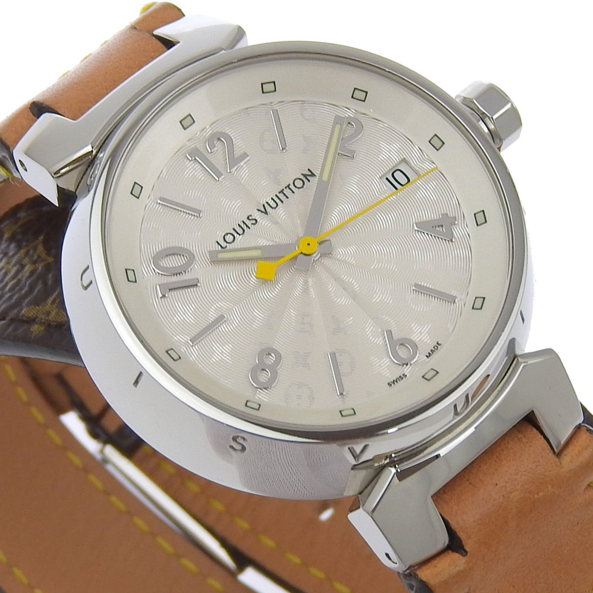 Louis Vuitton Tambour-horloge Q1313, roestvrij staal x Monogram-canvas, quartz, analoog display, witte wijzerplaat, damesmodel