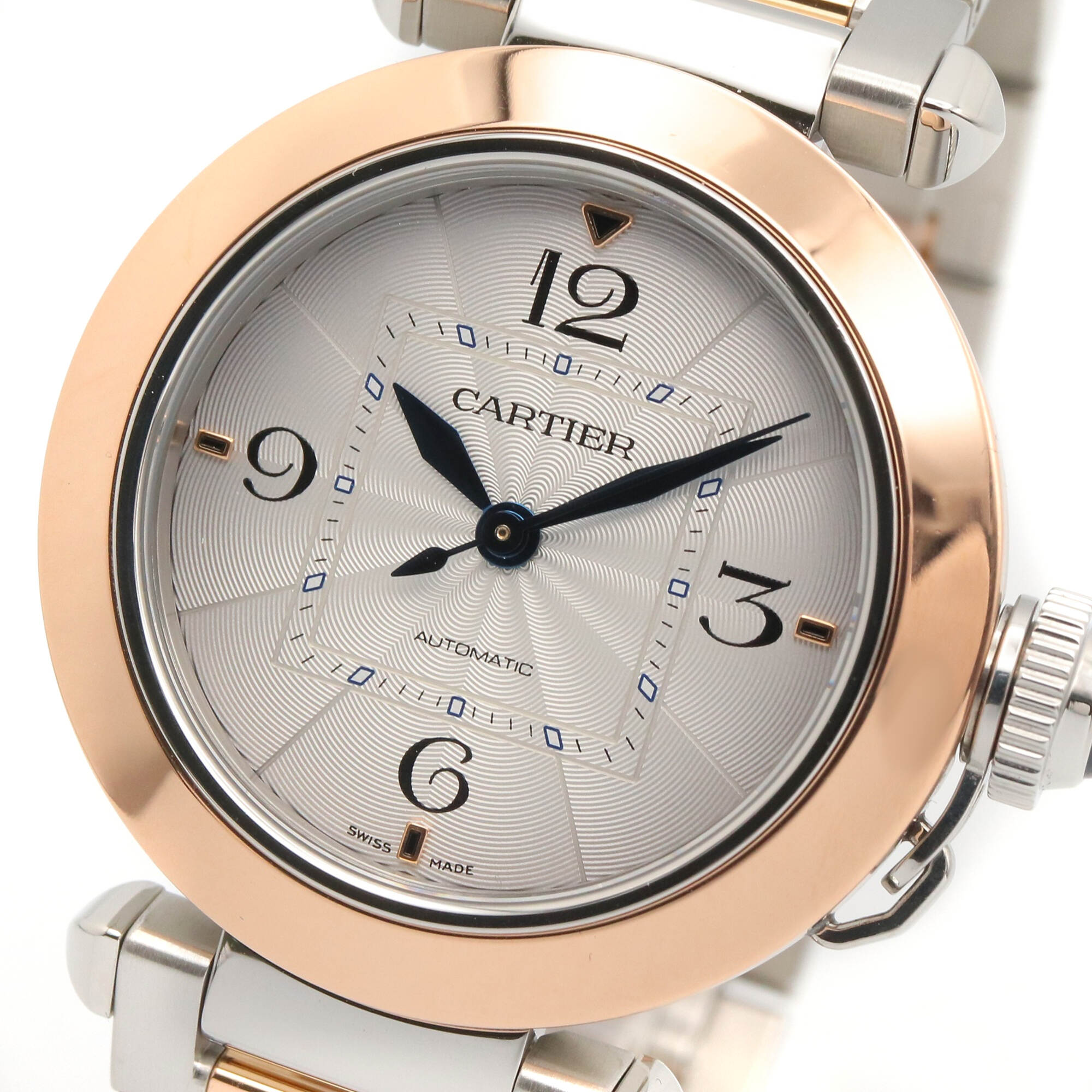 Cartier Pasha de Uhr, 18 Karat Roségold (PG) und Edelstahl, Herrengröße, Silber, W2PA0008