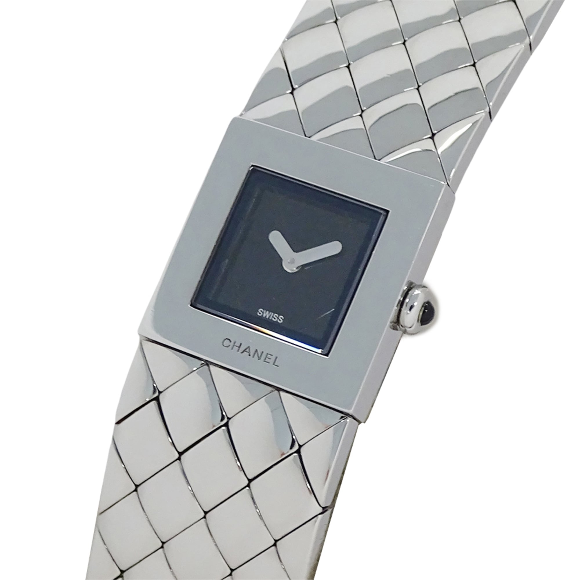 Chanel women's watch, brand name, Matelassa, quartz, stainless steel (SS), H0009, silver, black, square.