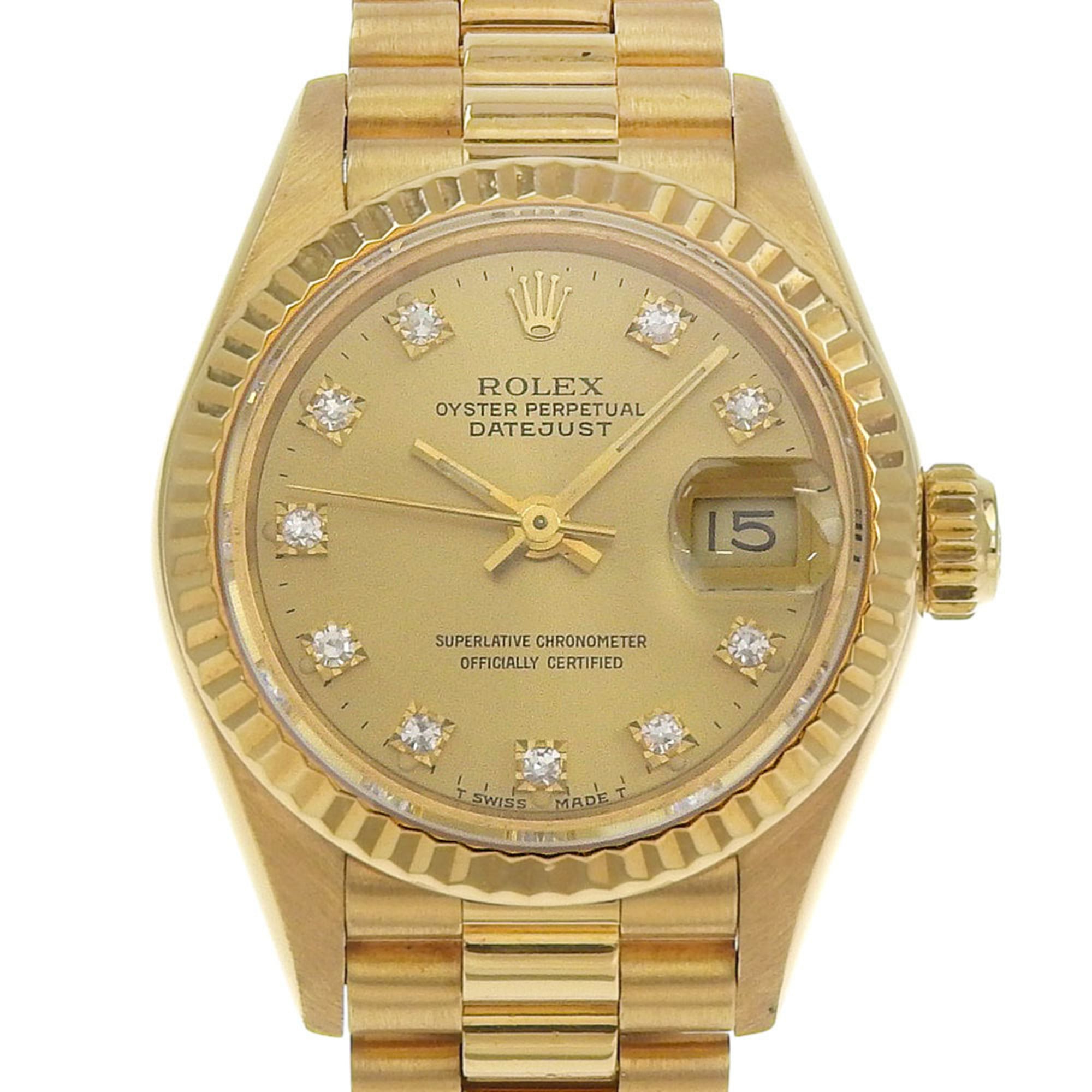 Rolex Datejust 69178G (R serial number, circa 1987-88), gold dial, 10 diamond accents, 18K yellow gold, 72.2g, automatic movement, 26mm wristwatch.