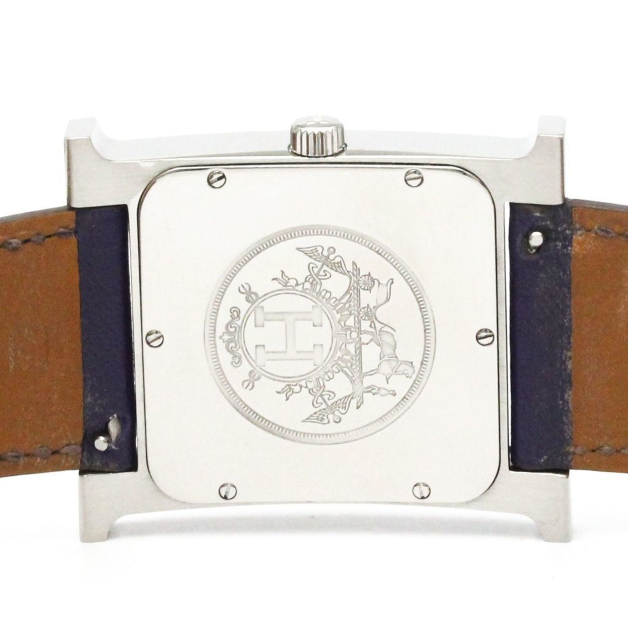 HERMES H Wach Steel Leather Quartz Mens Watch HH1.810 Polished