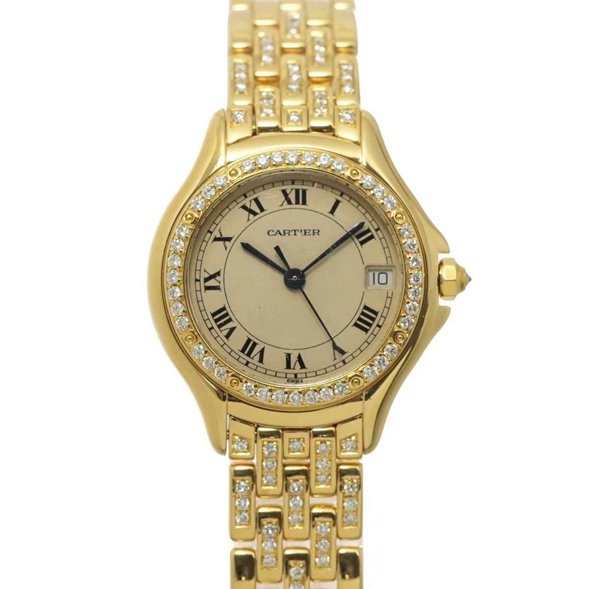 Cartier PanthÃ¨re Cougar WF8001FR Ladies' Watch, Diamond Bezel, Bracelet, Date Display, Ivory, 18K Yellow Gold, Quartz Movement.
