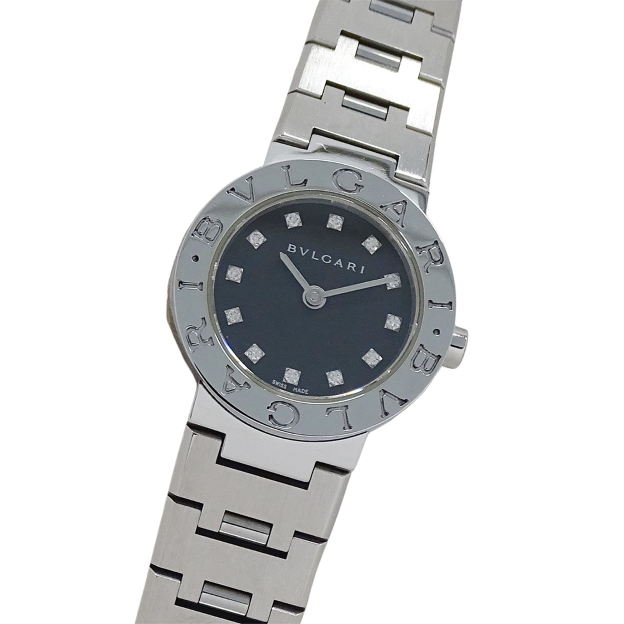 Bulgari BVLGARI Women's Watch, Brand: Bulgari, 12-Diamond Quartz Movement, Stainless Steel (SS), Silver & Black Round Case, BB23SS