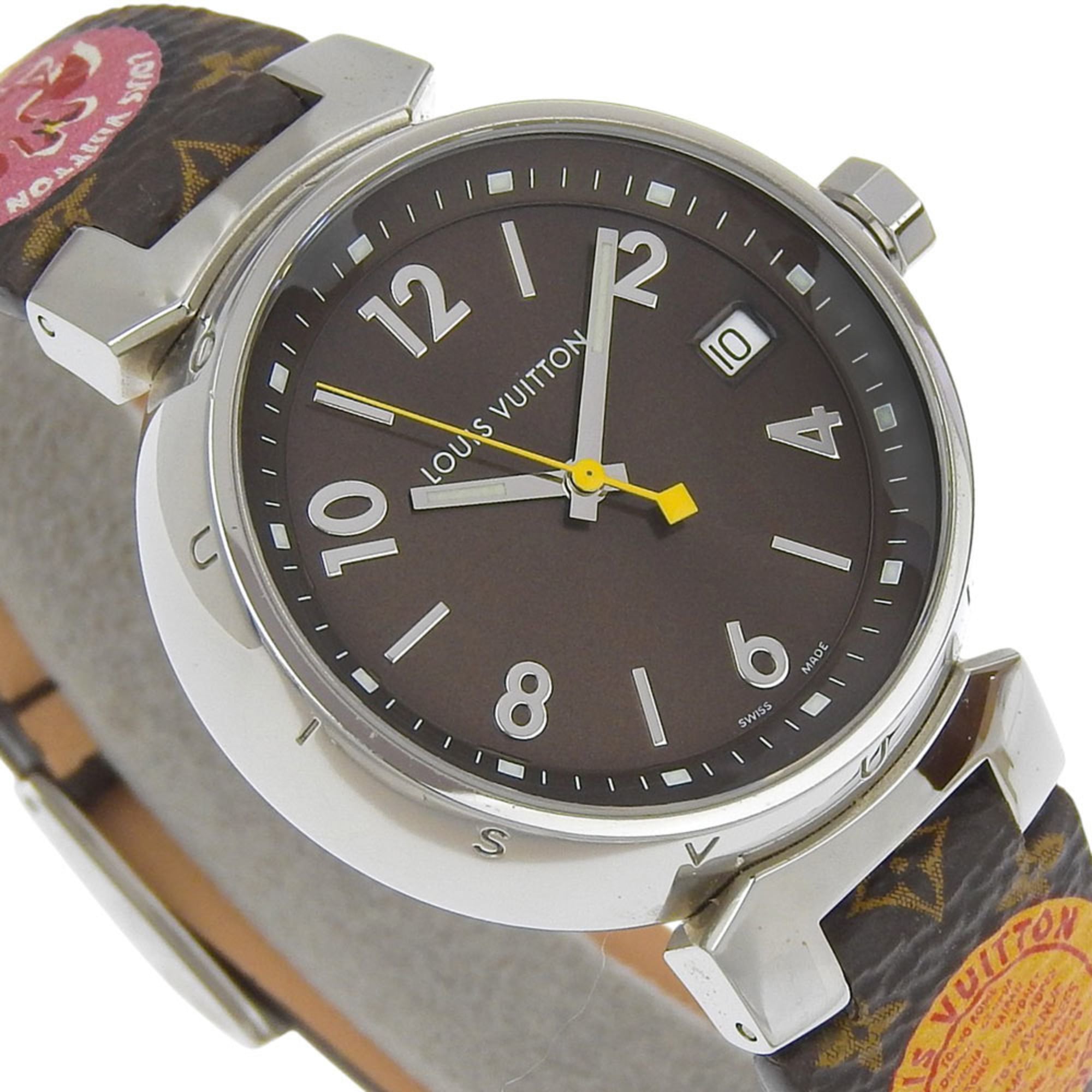 Louis Vuitton Tambour-horloge Q1311, roestvrij staal en leer, quartz uurwerk, analoge wijzerplaat, bruine wijzerplaat, unisex
