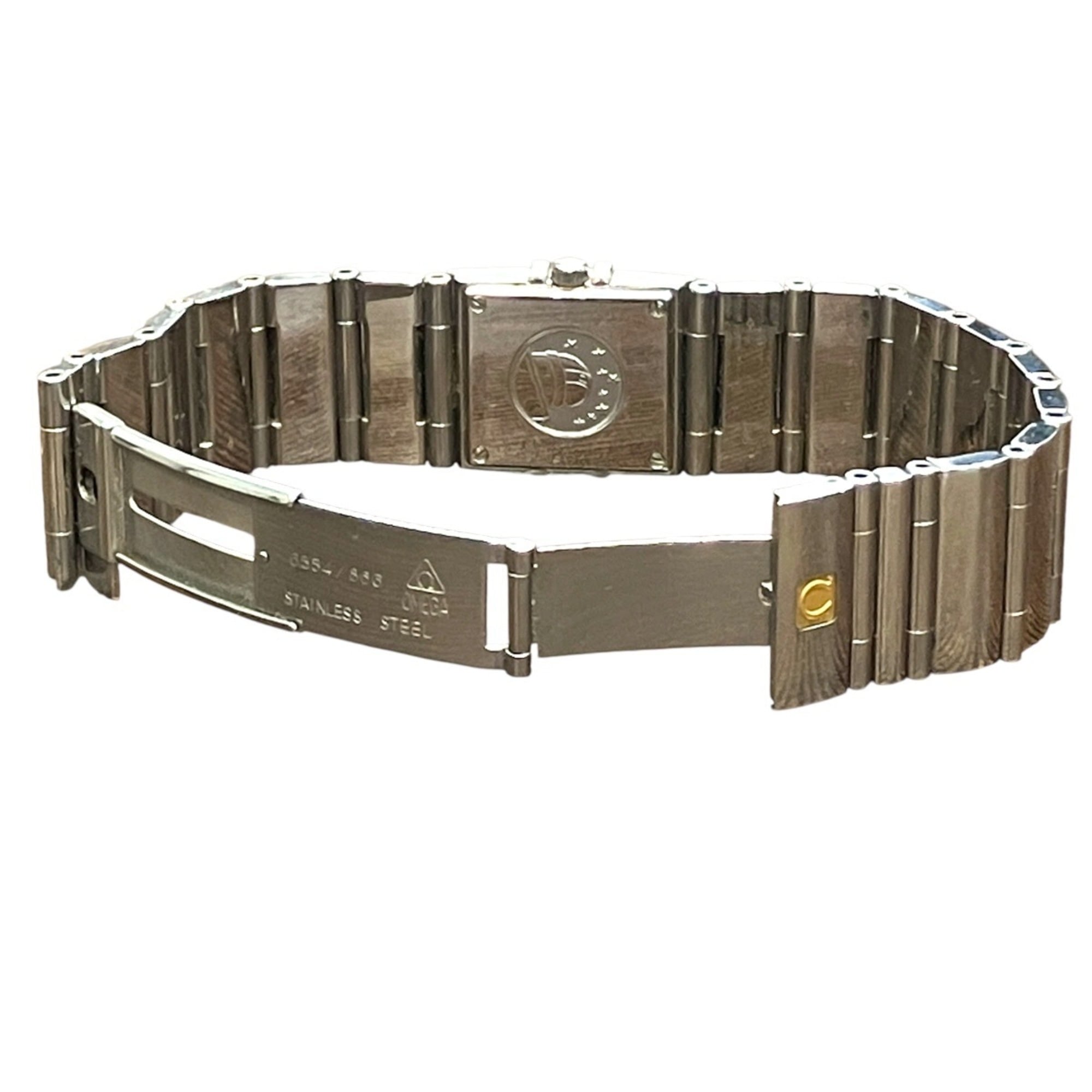 Omega Constellation Carre Quadra watch, total weight 66.2g, stainless steel, quartz movement, black dial.