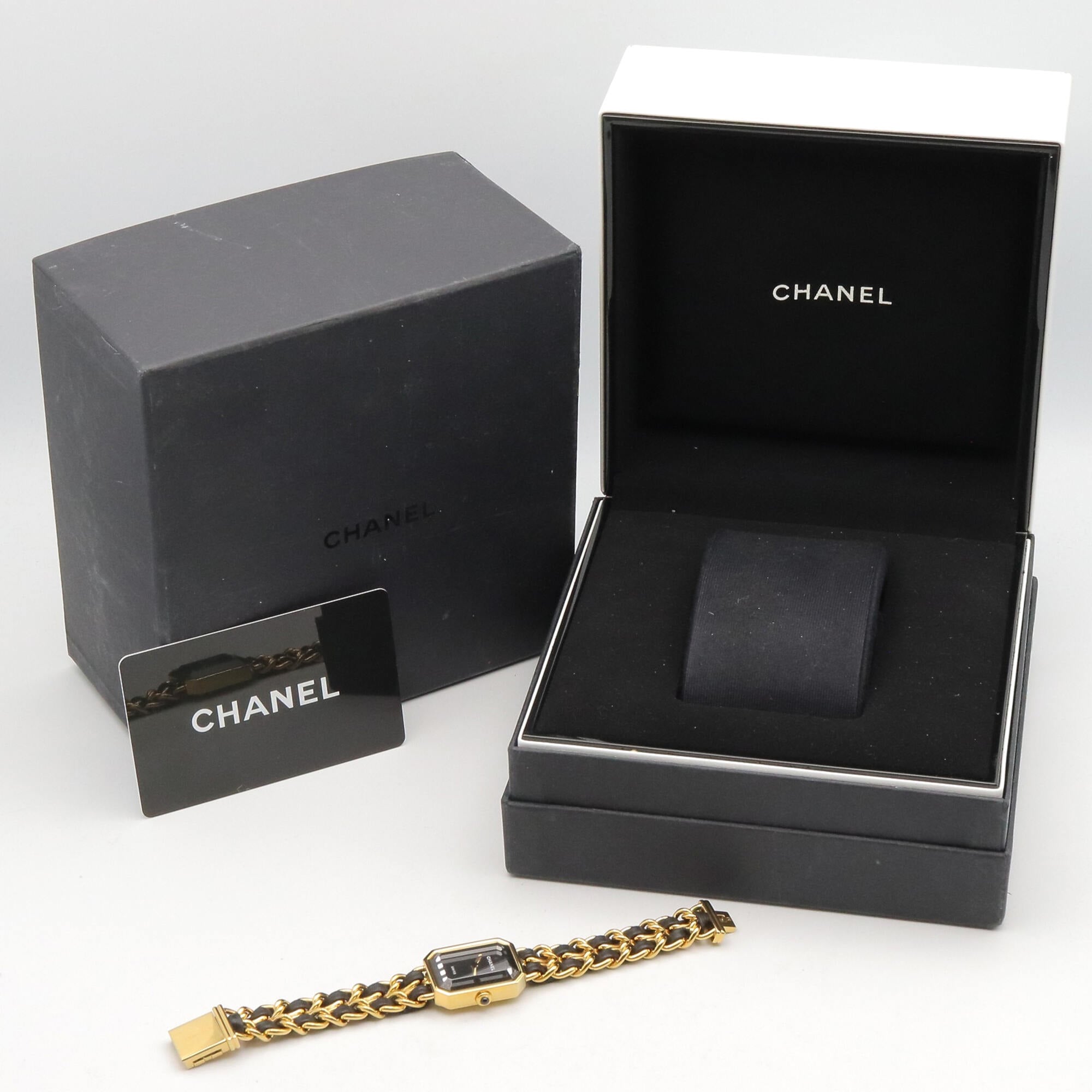 Montre Chanel Première Original Edition M, bracelet en cuir plaqué or, pour femme, Noir, H6951