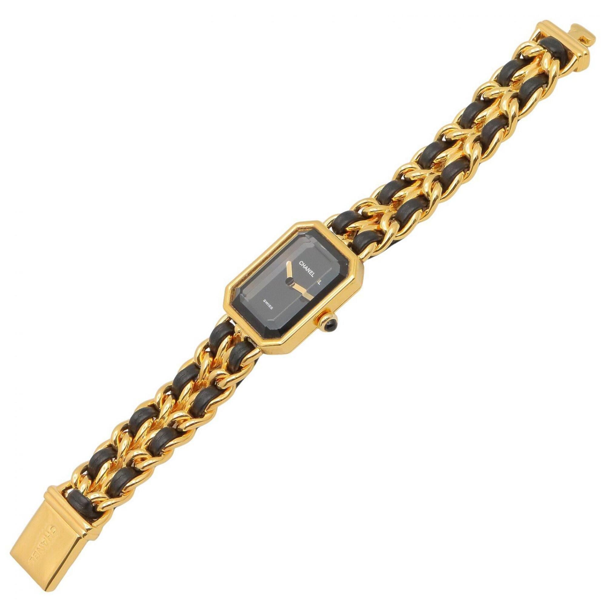 Montre Chanel CHANEL Première S, plaquée or (GP), bracelet en cuir, pour femme, Noir, H0001