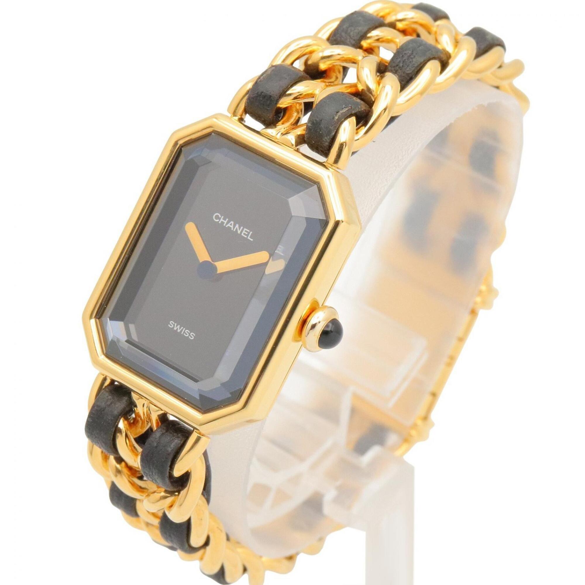 Chanel CHANEL PremiÃ¨re M Wristwatch, Gold Plated (GP), Leather Strap, Women's, Black, H0001