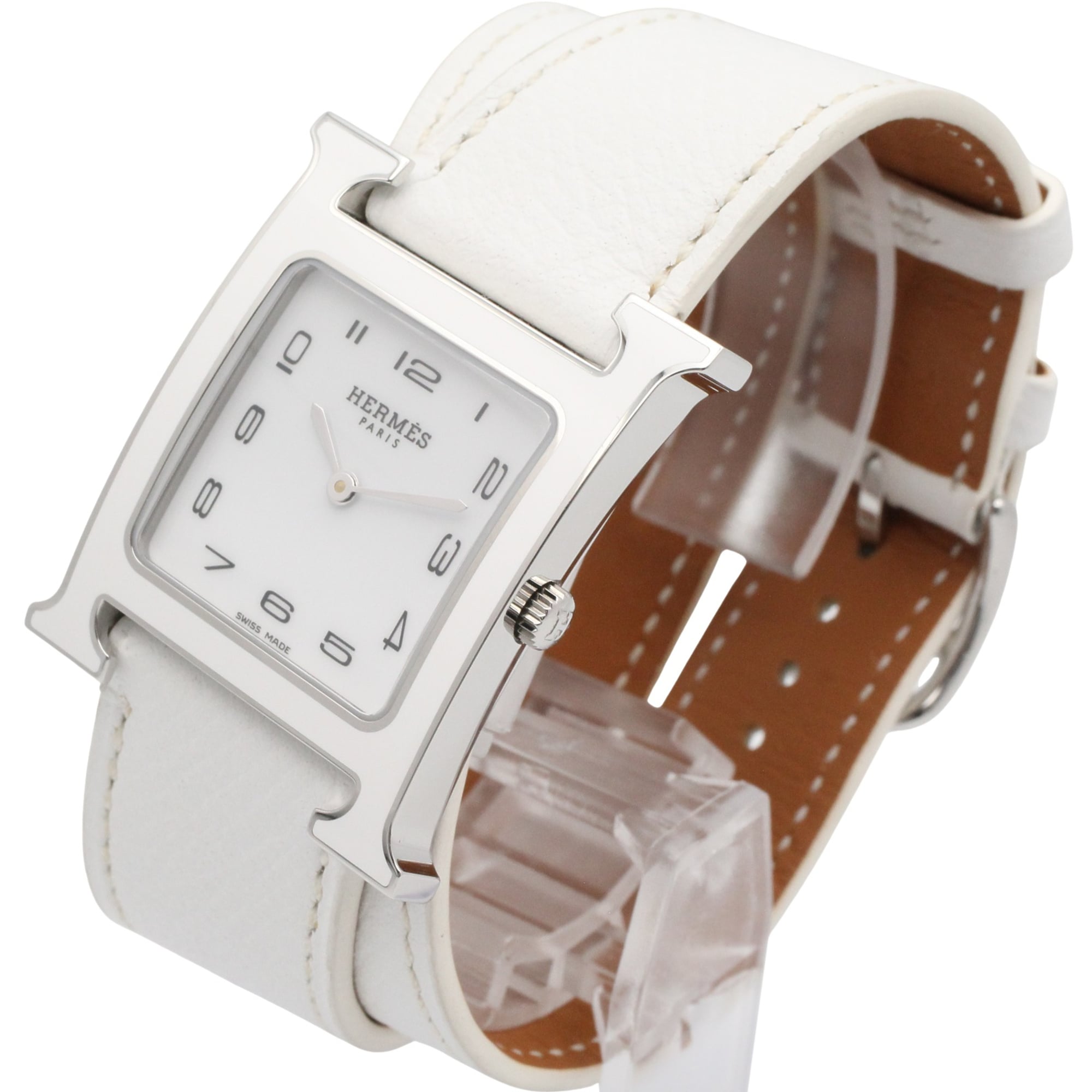 Hermes H- Double Tour Wrist Stainless Steel Leather Strap Wo White (HH1.520)