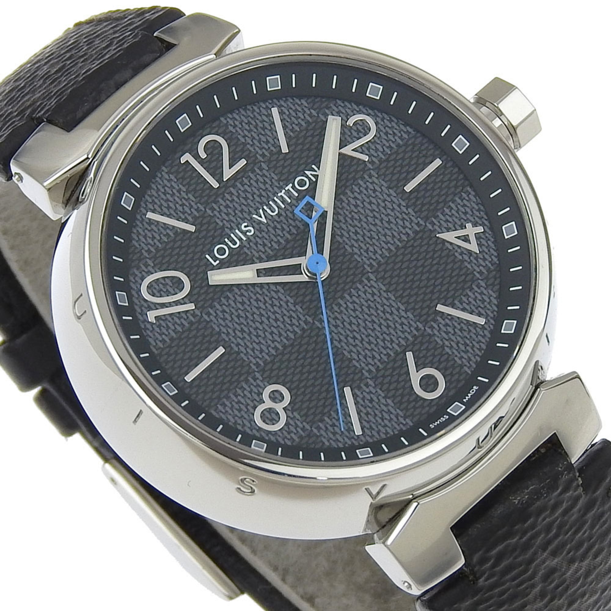 Louis Vuitton Tambour GM-horloge QA073, roestvrij staal x Monogram Eclipse-canvas, quartz, analoge wijzerplaat, zwarte wijzerplaat, herenhorloge