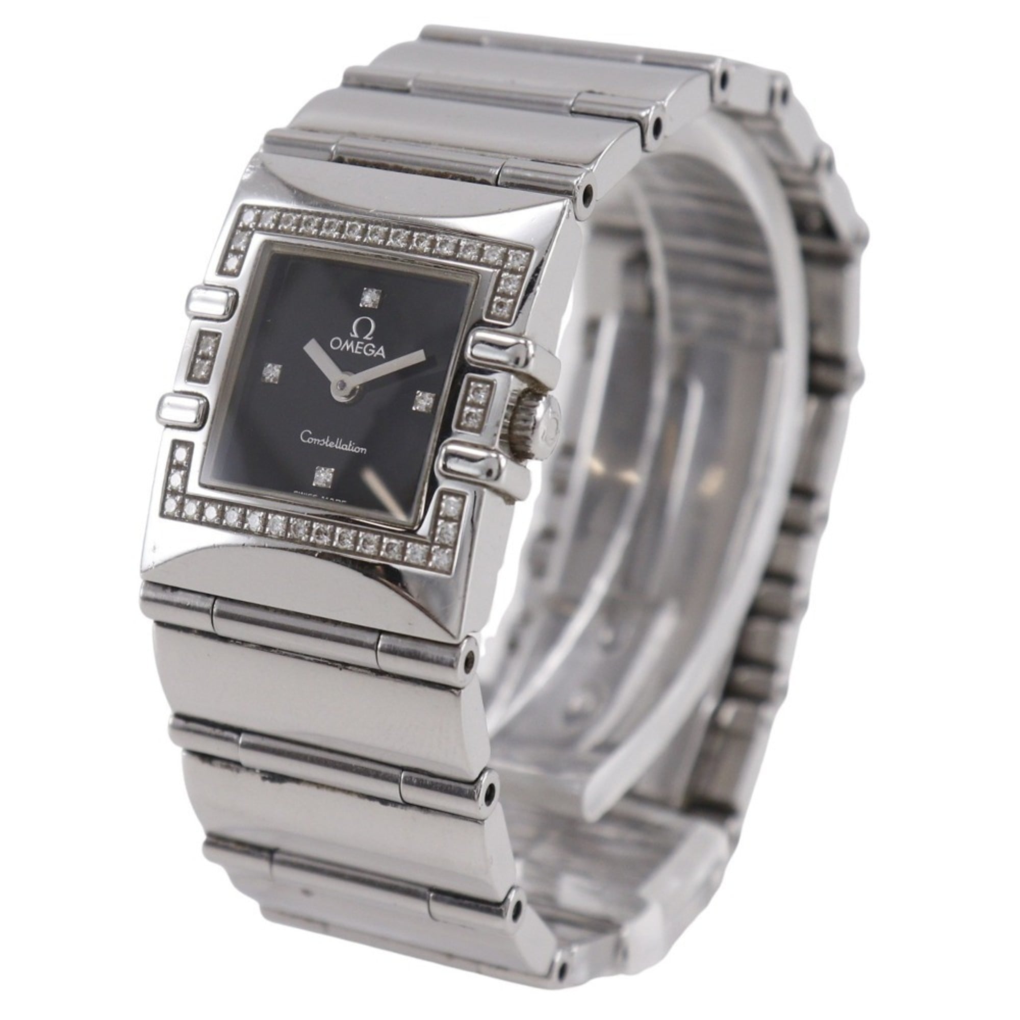 OMEGA Constellation Carree Watch, cal. 1376 1528.46, stainless steel with diamonds, 1998, quartz movement, analog display, black dial, women's.