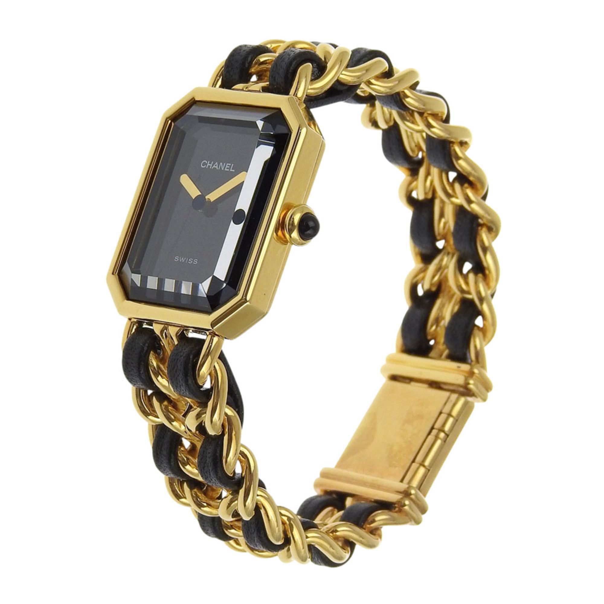 CHANEL Premiere S Watch H0001, Gold-Plated Leather Quartz Movement, Analog Display, Black Dial, Women's
