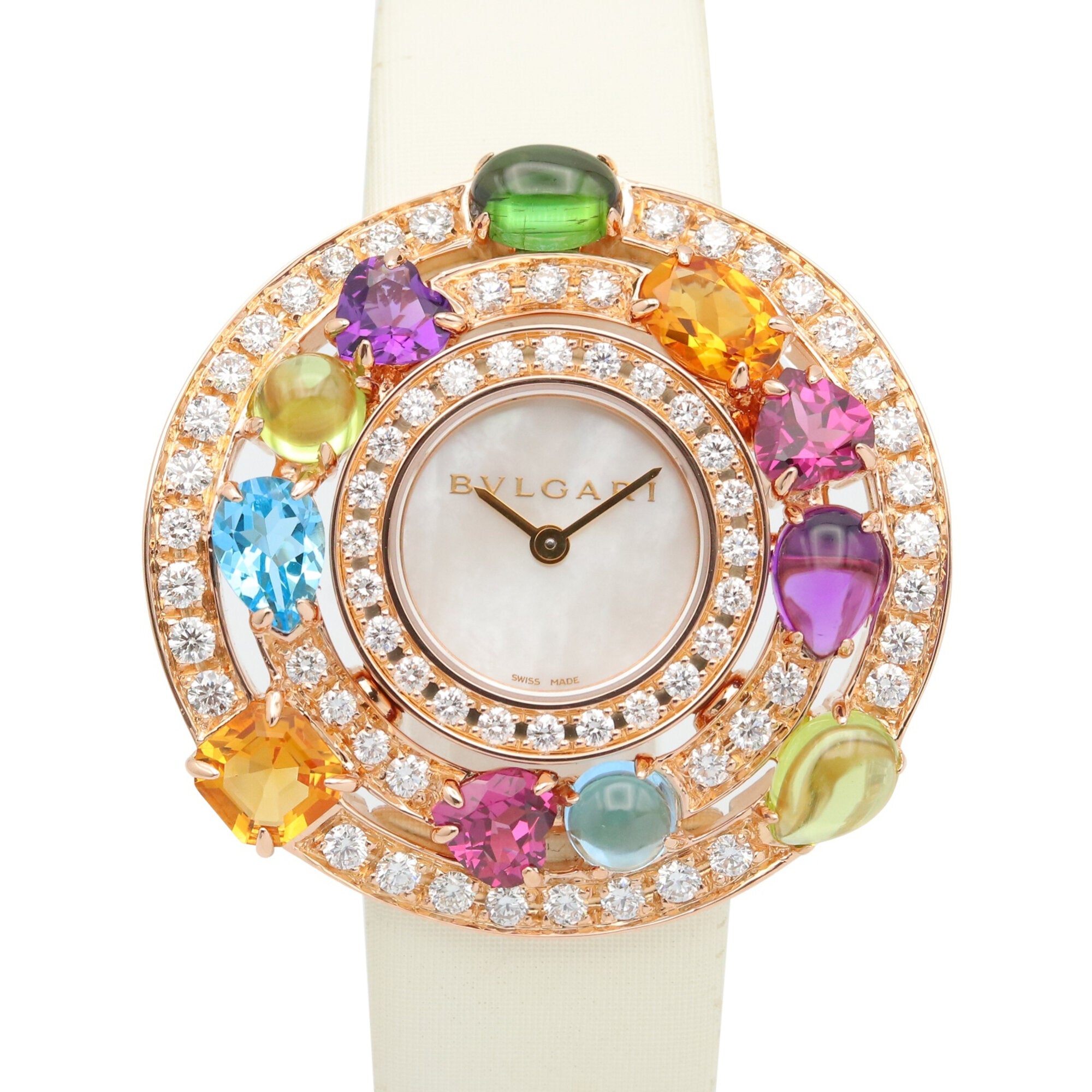 Bulgari BVLGARI Astrale Cerchi Diamond & Colored Stone Watch, 18K Pink Gold (PG), Diamond, Leather Strap, Women's, White, White Shell, AEP36G