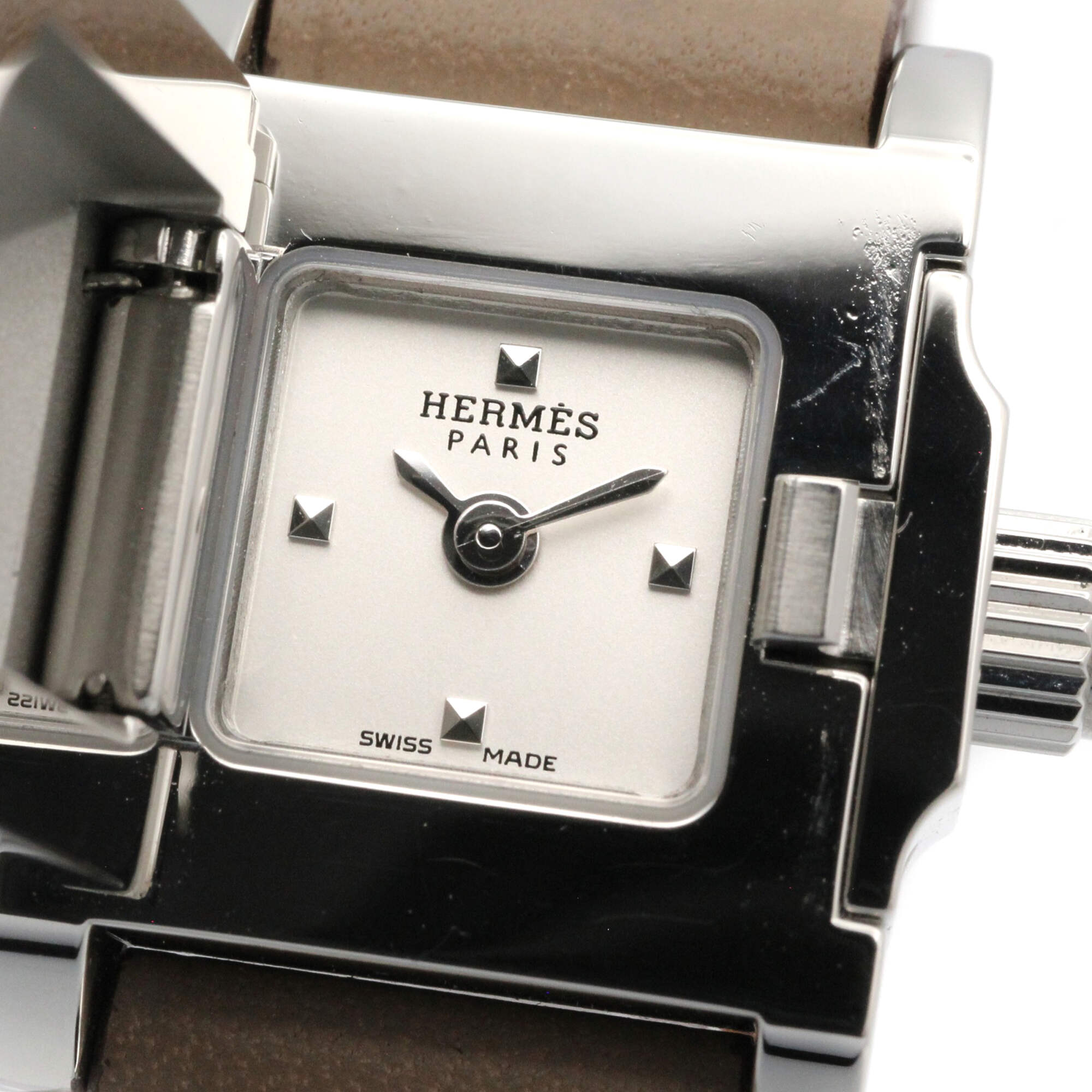 Hermes Mini Medor Stainless Steel Leather Strap Wo Silver Tone ME2.110