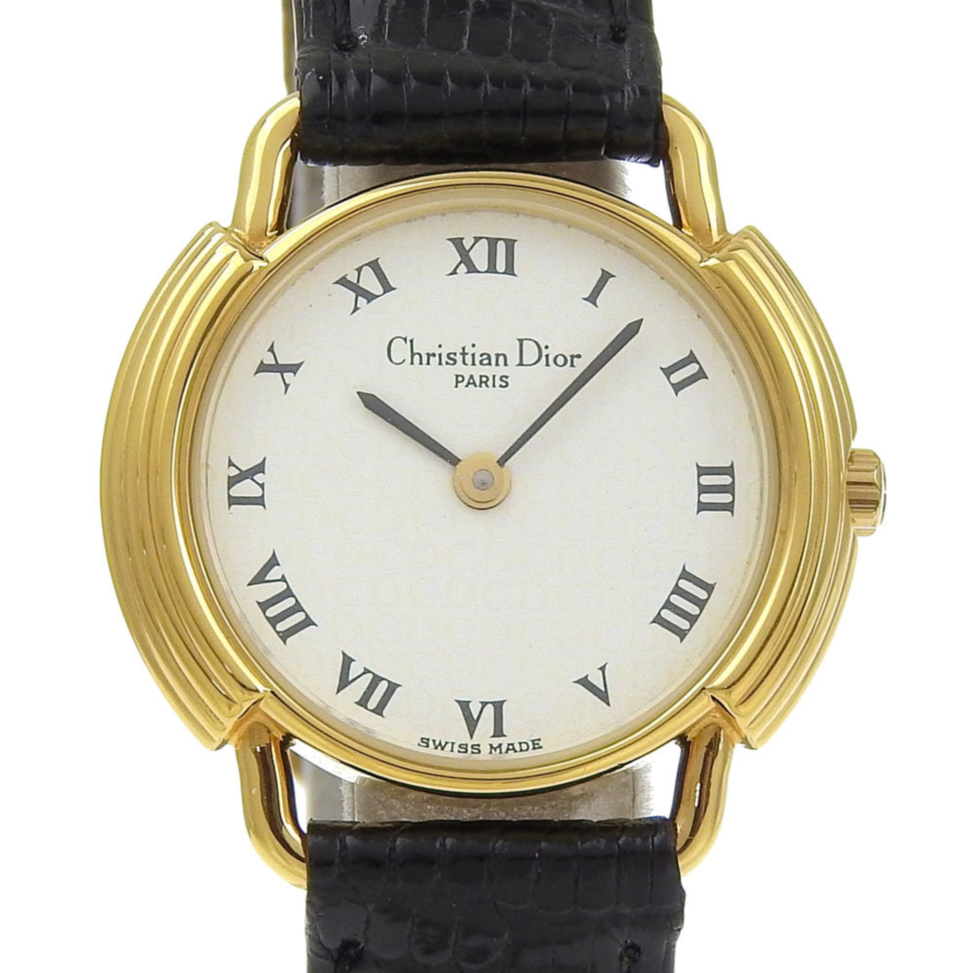 Christian Dior watch, model 58.121.2, gold-plated leather strap, gold quartz, analog, white dial, women's.