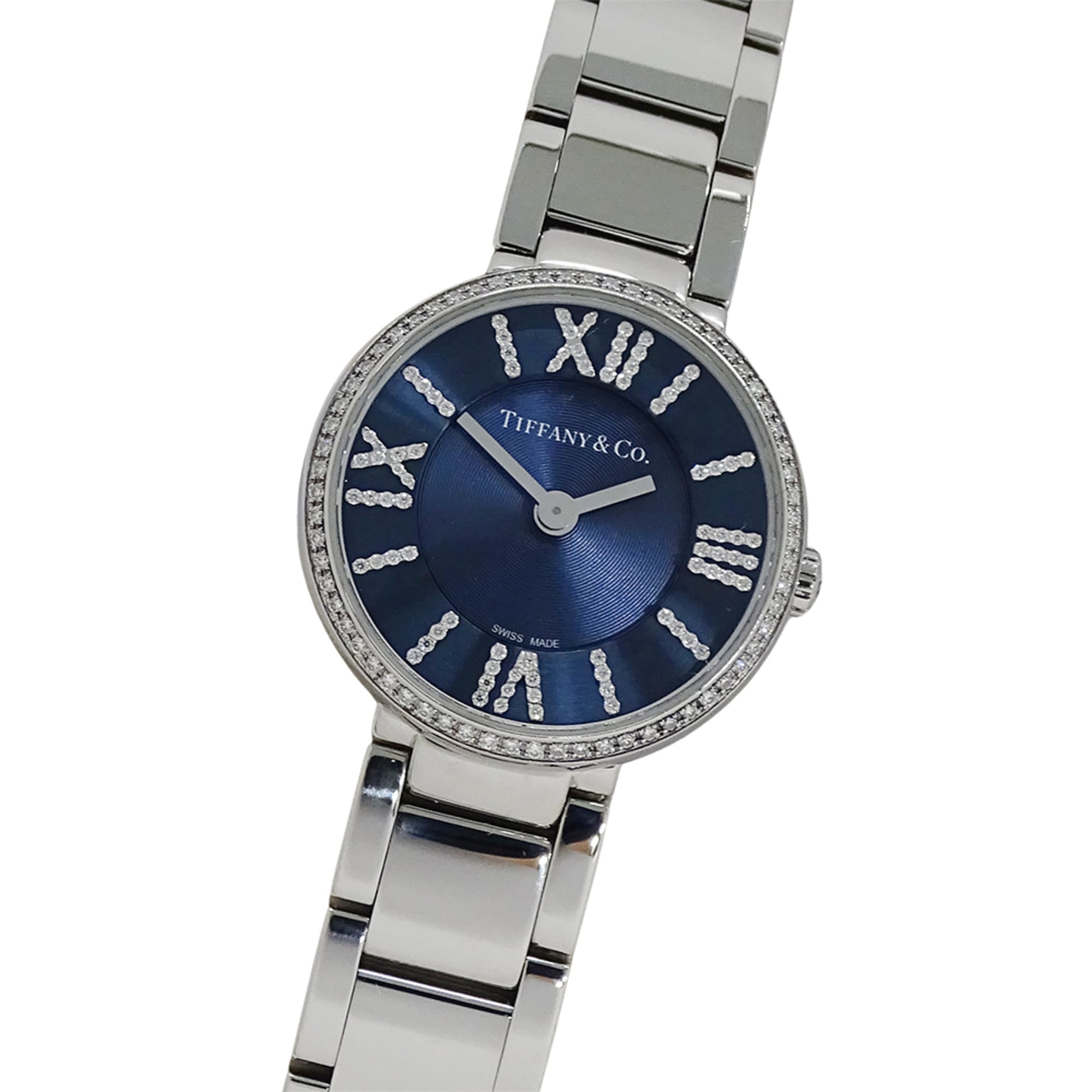 Tiffany & Co. Women's Atlas Diamond Quartz Watch, Stainless Steel (SS), Silver/Navy, 69291651, Polished.