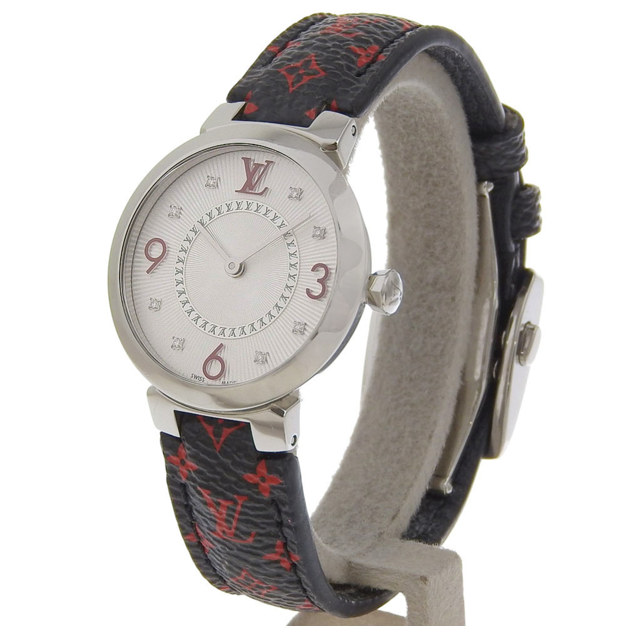 Louis Vuitton Tambour Slim Watch, 8 Diamonds, Q12MGA, Stainless Steel and Leather, Quartz Movement, Analog Display, Silver Dial, Women's