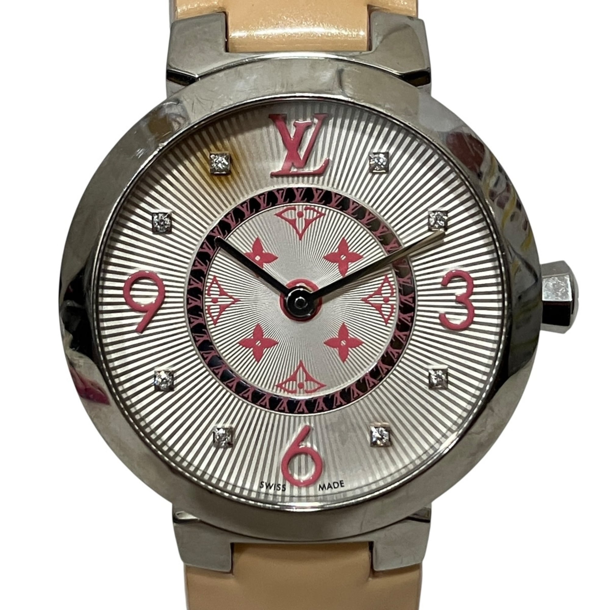Louis Vuitton Tambour Monogram PM Watch, Verny, Total Weight 36.3g, Stainless Steel, Genuine Leather Strap, Quartz Movement, White Dial, Q12MG