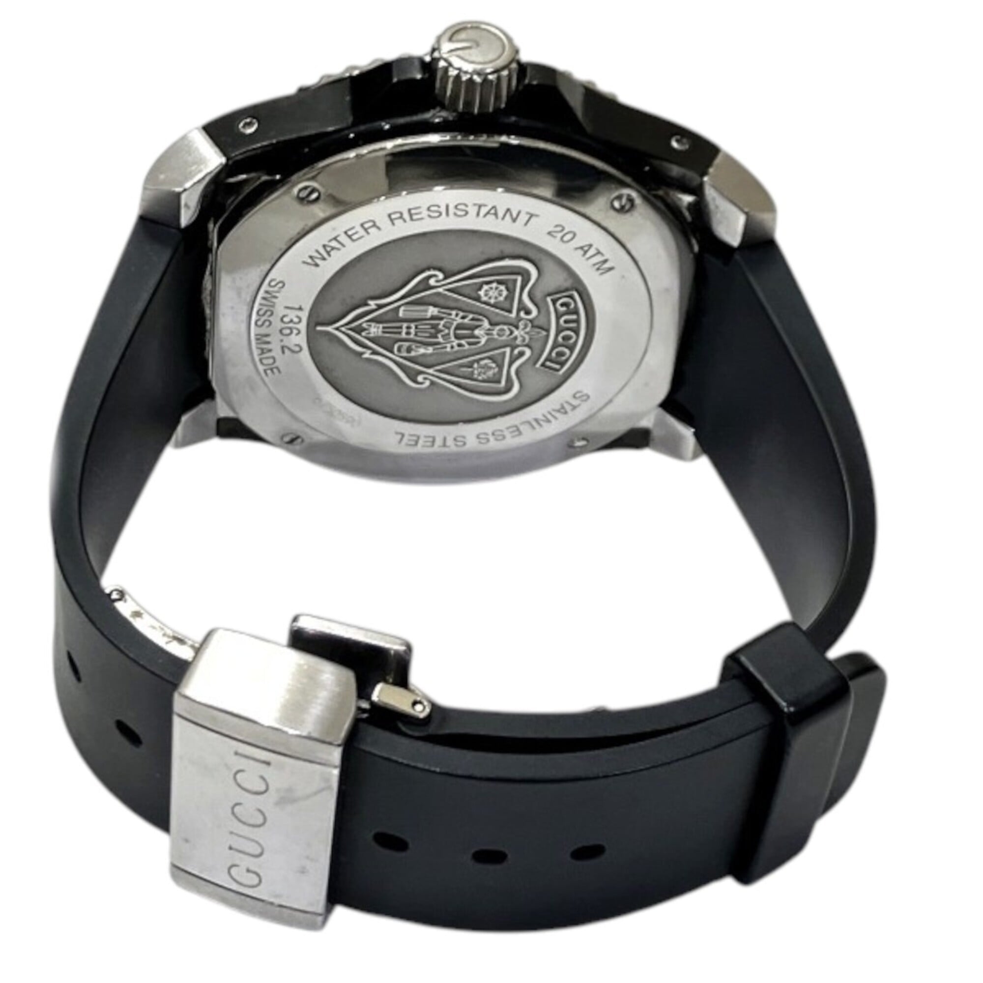 Gucci GUCCI-horloge, totaalgewicht 138,6 g, roestvrij staal, rubberen band, quartz uurwerk, zwarte wijzerplaat, 136,2 YA136204B