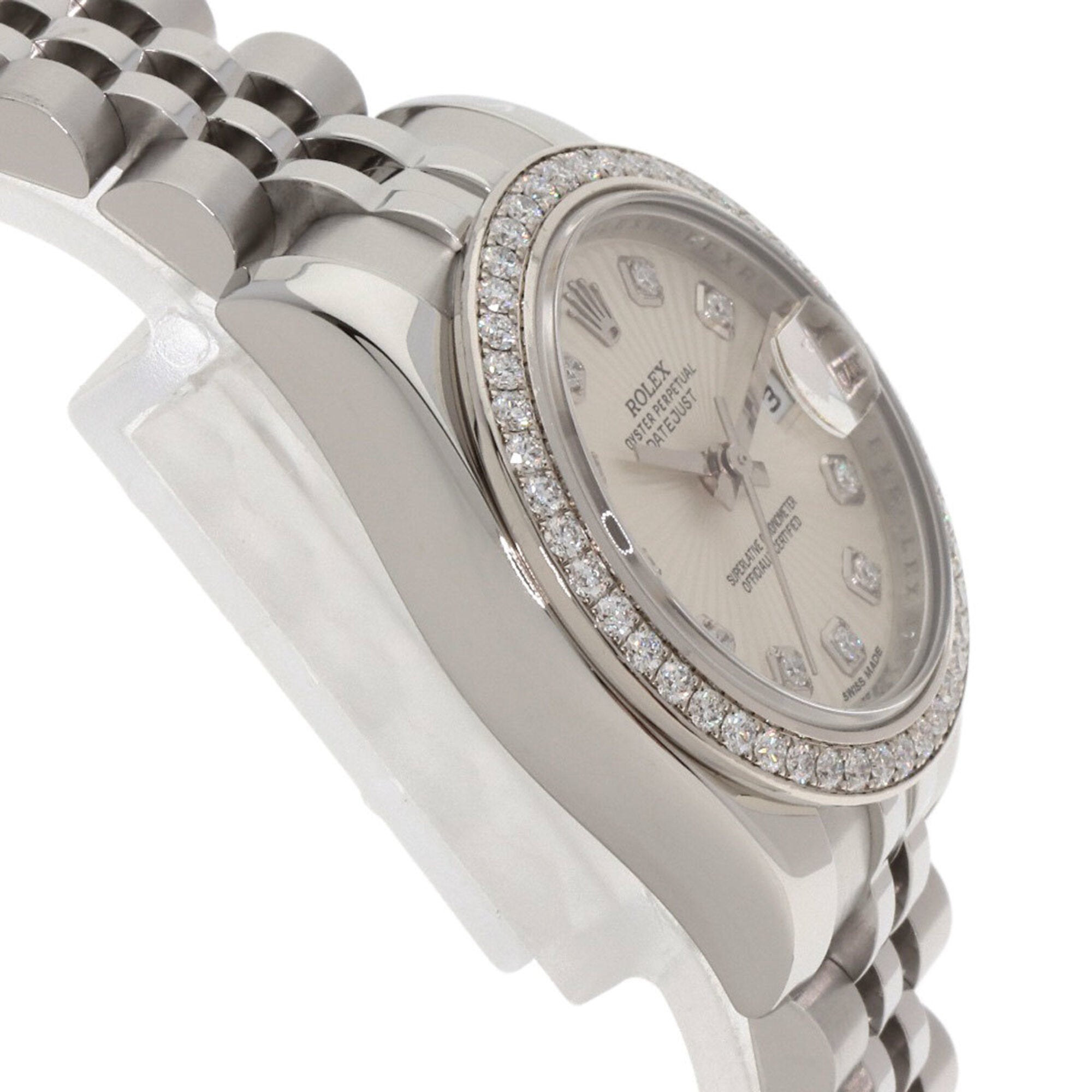 Rolex 179384G Datejust mit 10-teiliger Diamantlünette aus Edelstahl/SS/18 Karat Weißgold mit Diamanten, Damenuhr