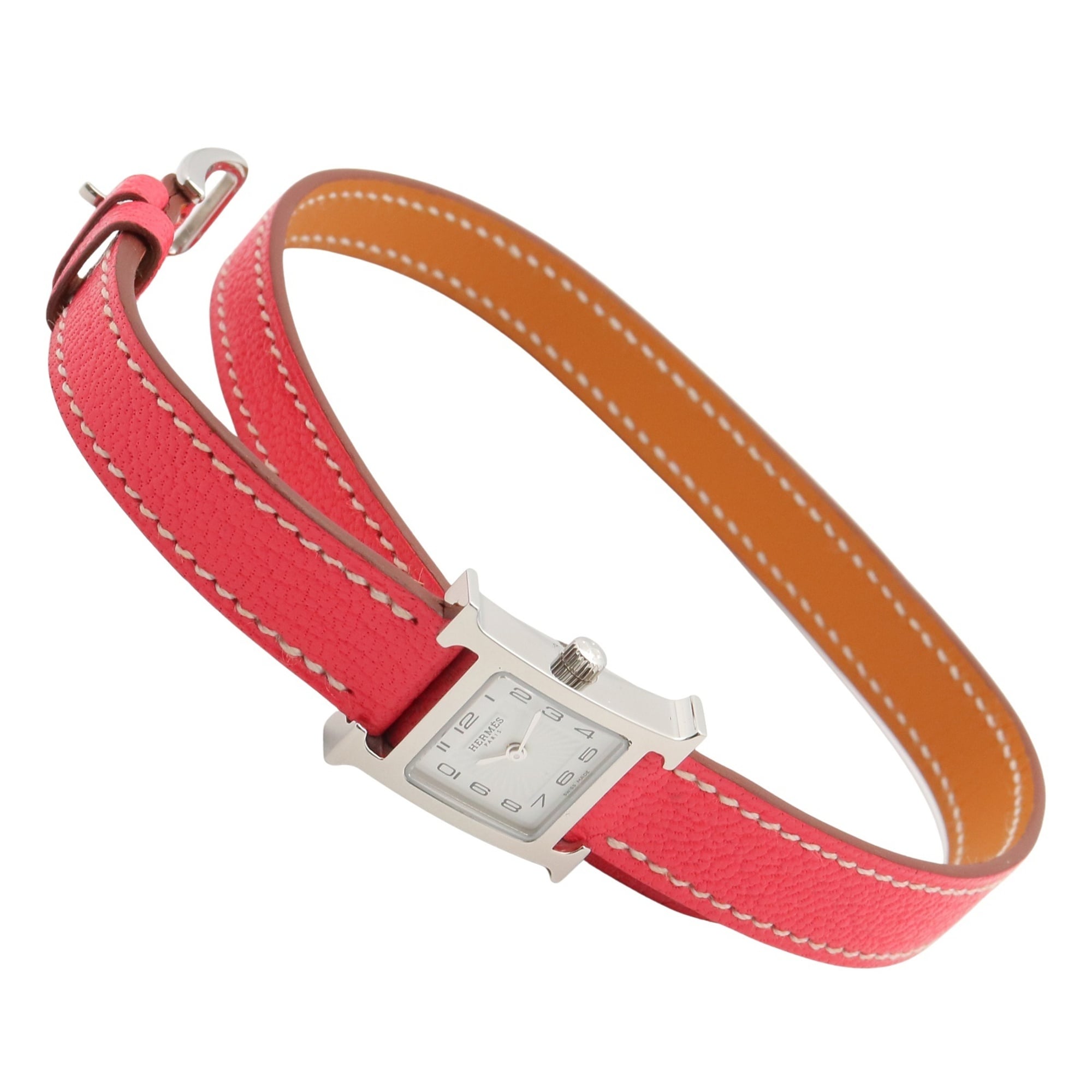 Montre-bracelet Hermès H-Watch Mini Double Tour, acier inoxydable, bracelet en cuir, pour femme, Blanc (HH1.110)
