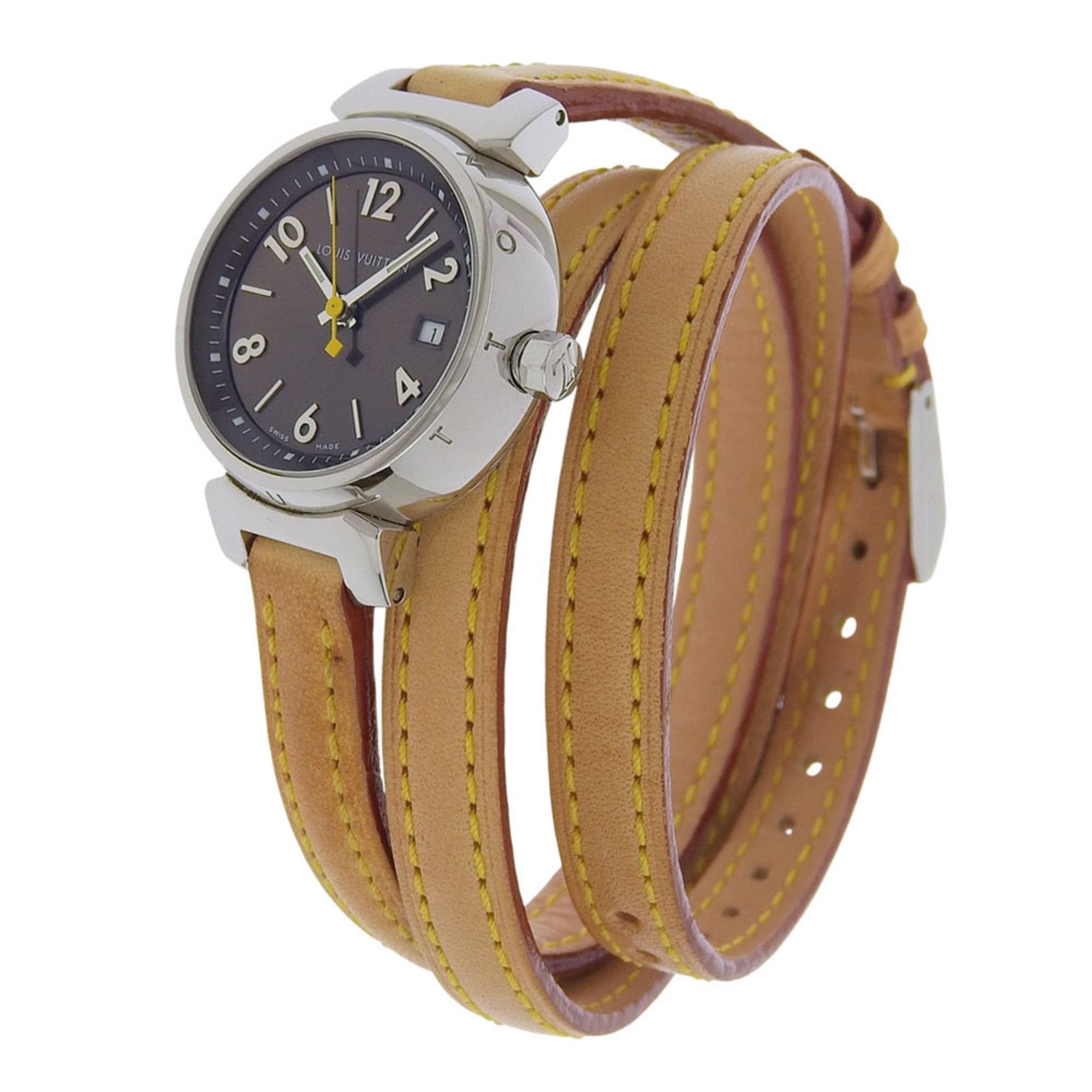 Louis Vuitton Tambour Watch Q1211, Stainless Steel and Leather Quartz Movement, Analog Display, Brown Dial, Women's