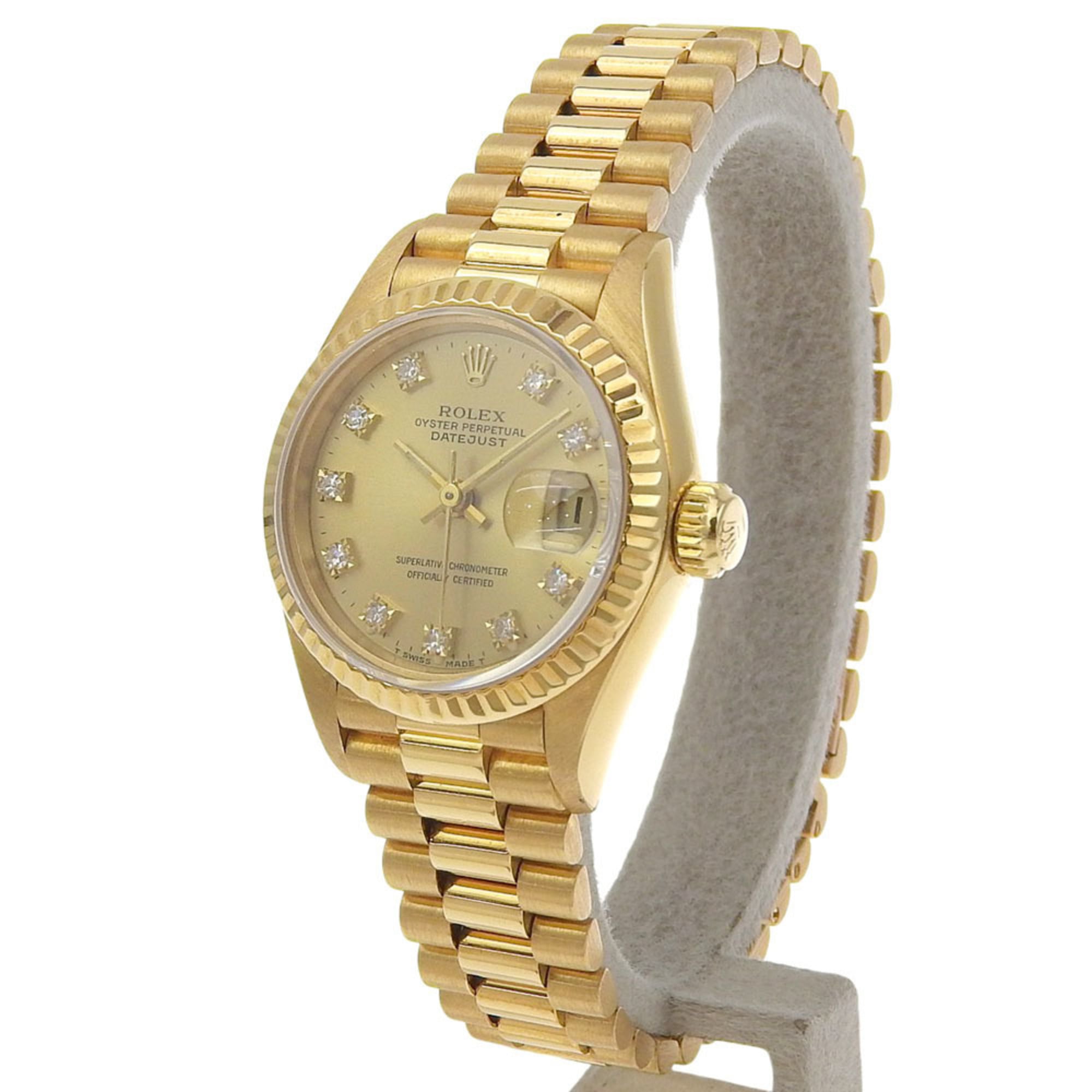 Rolex Datejust 69178G (R serial number, circa 1987-88), gold dial, 10 diamond accents, 18K yellow gold, 72.2g, automatic movement, 26mm wristwatch.