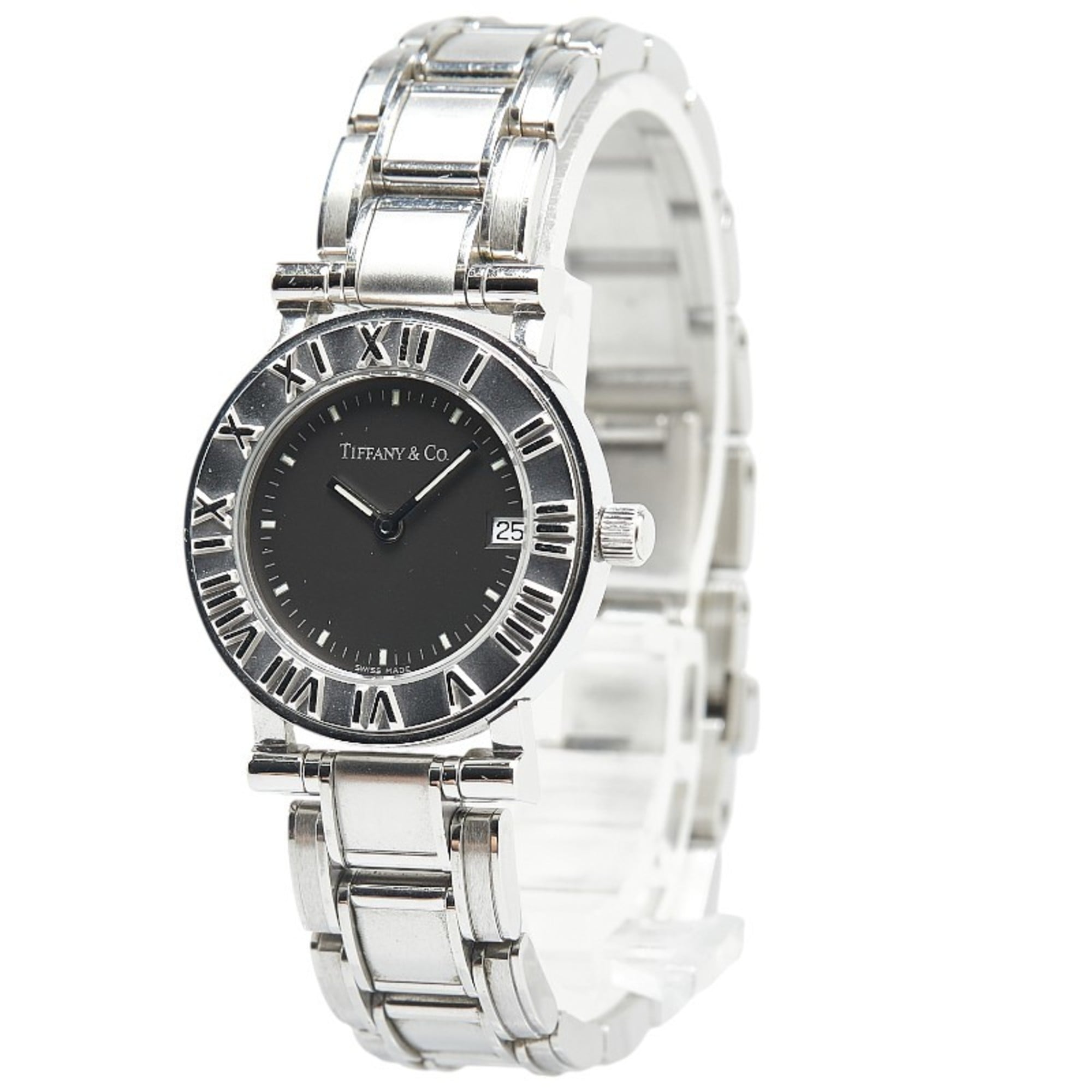 Tiffany Atlas-horloge, kwarts, zwarte wijzerplaat, roestvrij staal, dames, TIFFANY&Co.;