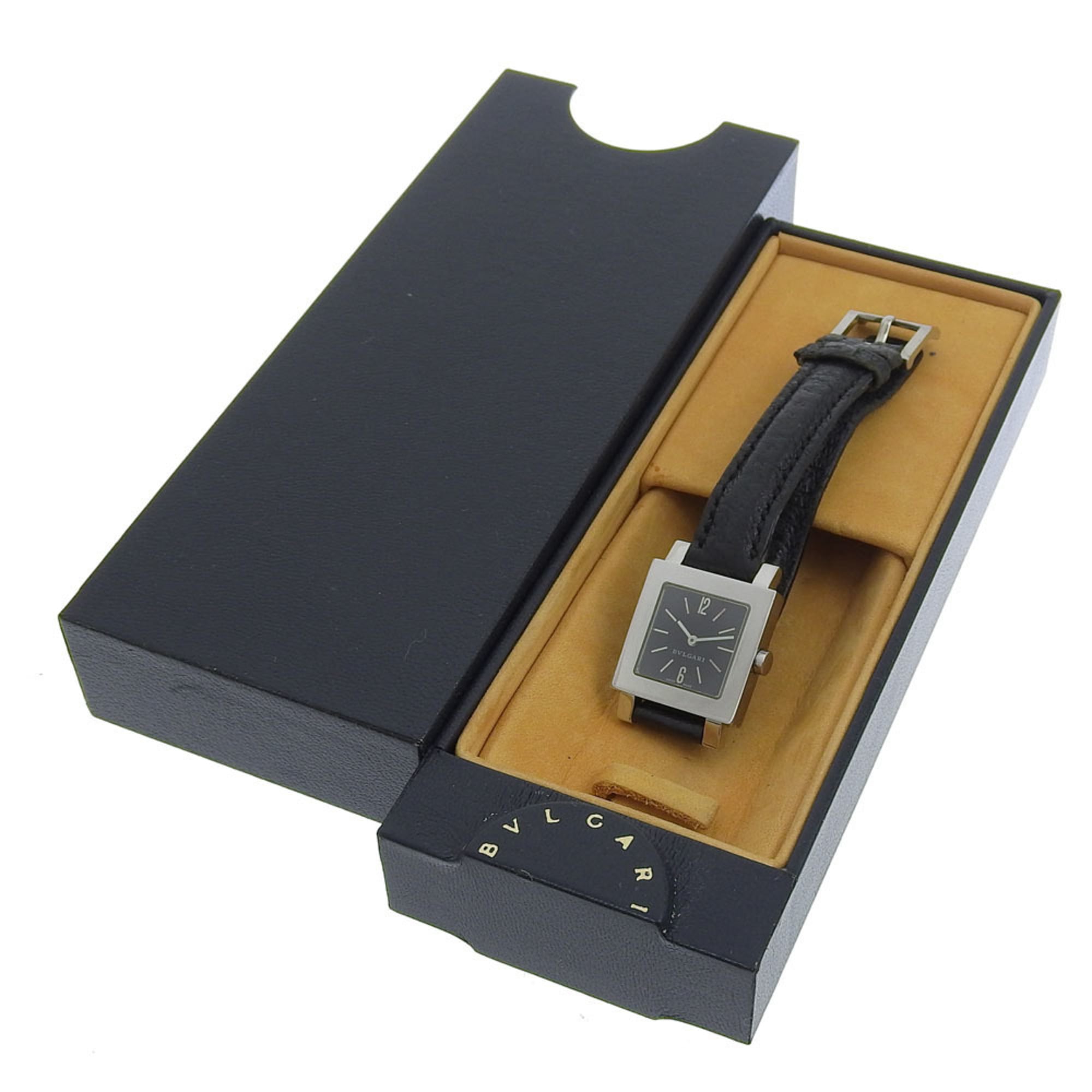 BVLGARI Quadrado SQ22SL dameshorloge, roestvrij staal en leer, quartz uurwerk, analoge wijzerplaat, zwarte wijzerplaat