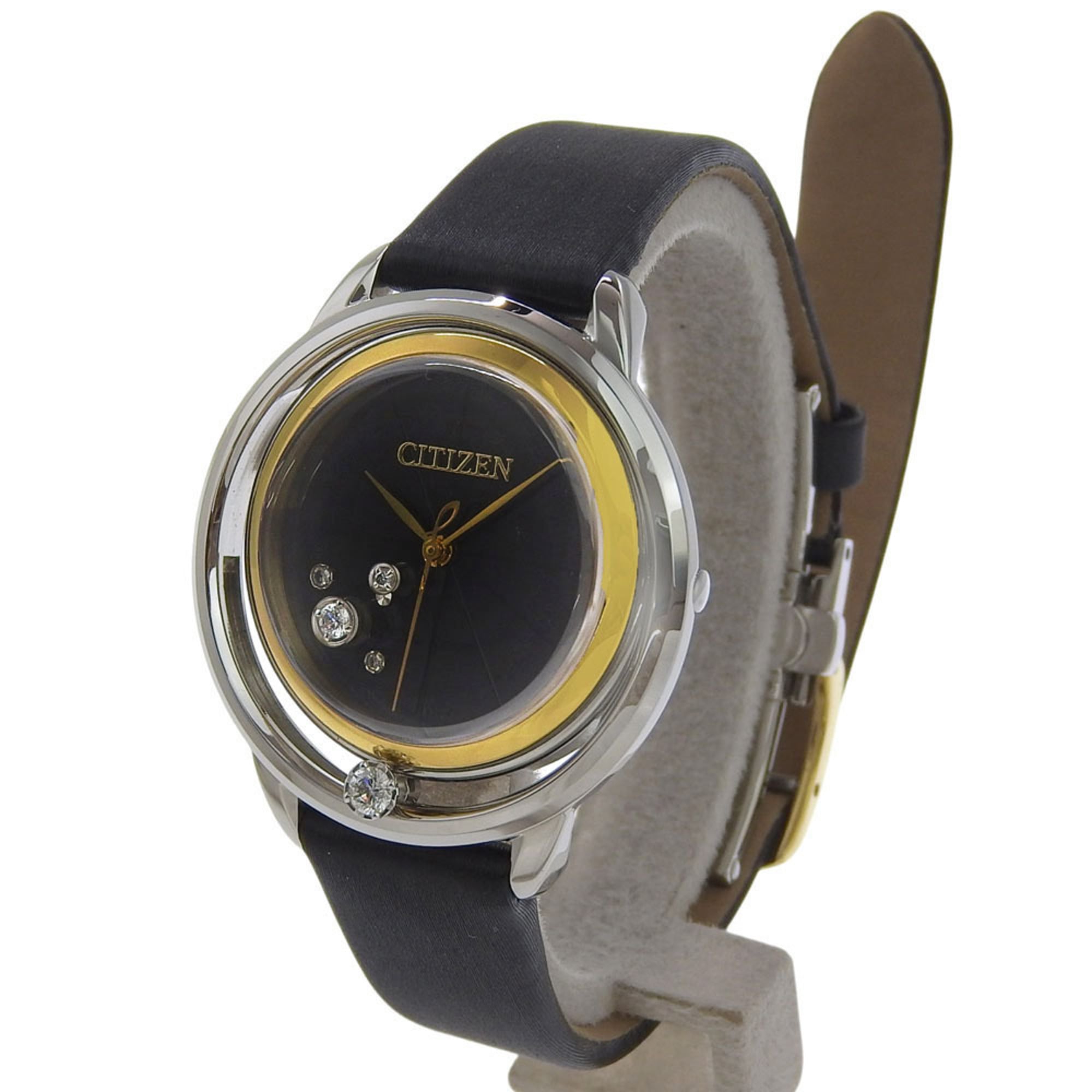 Citizen B036 S112052 Women's Watch, Black Dial, 3 Hands, 5 Diamonds, Stainless Steel, Leather Strap, Eco-Drive, Approx. 32mm
