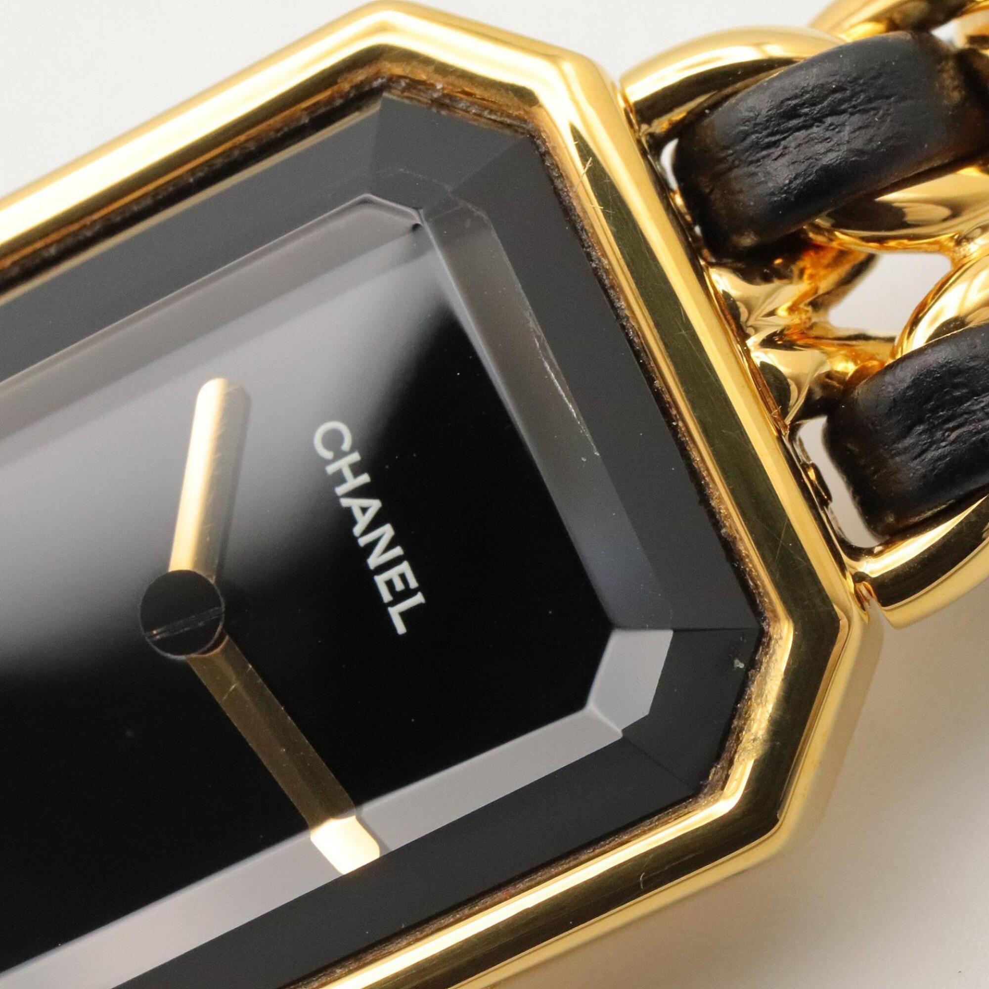 Montre Chanel CHANEL Première S, plaquée or (GP), bracelet en cuir, pour femme, Noir, H0001