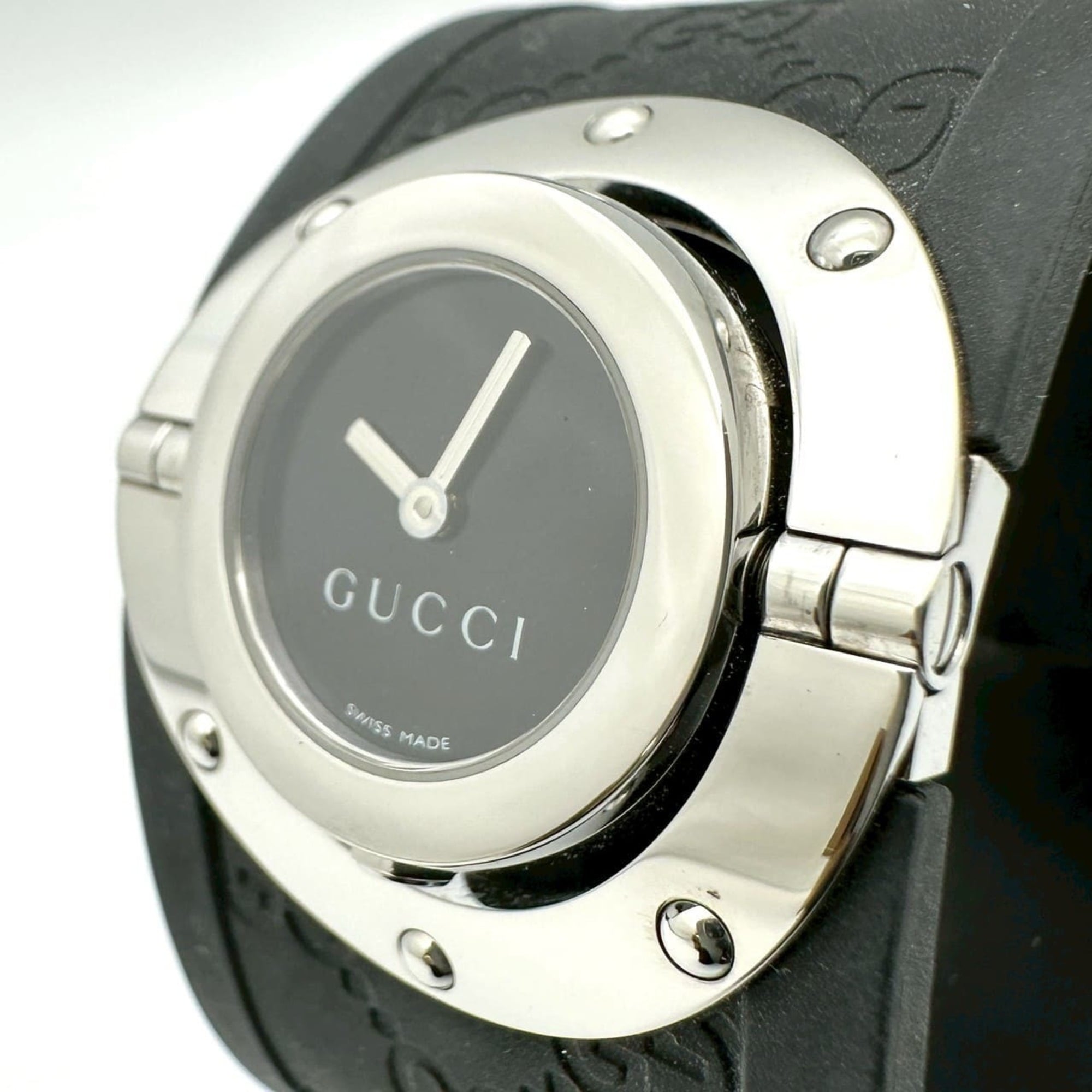 GUCCI Toile Bangle Watch 112 GG Rubber Quartz Black Women's