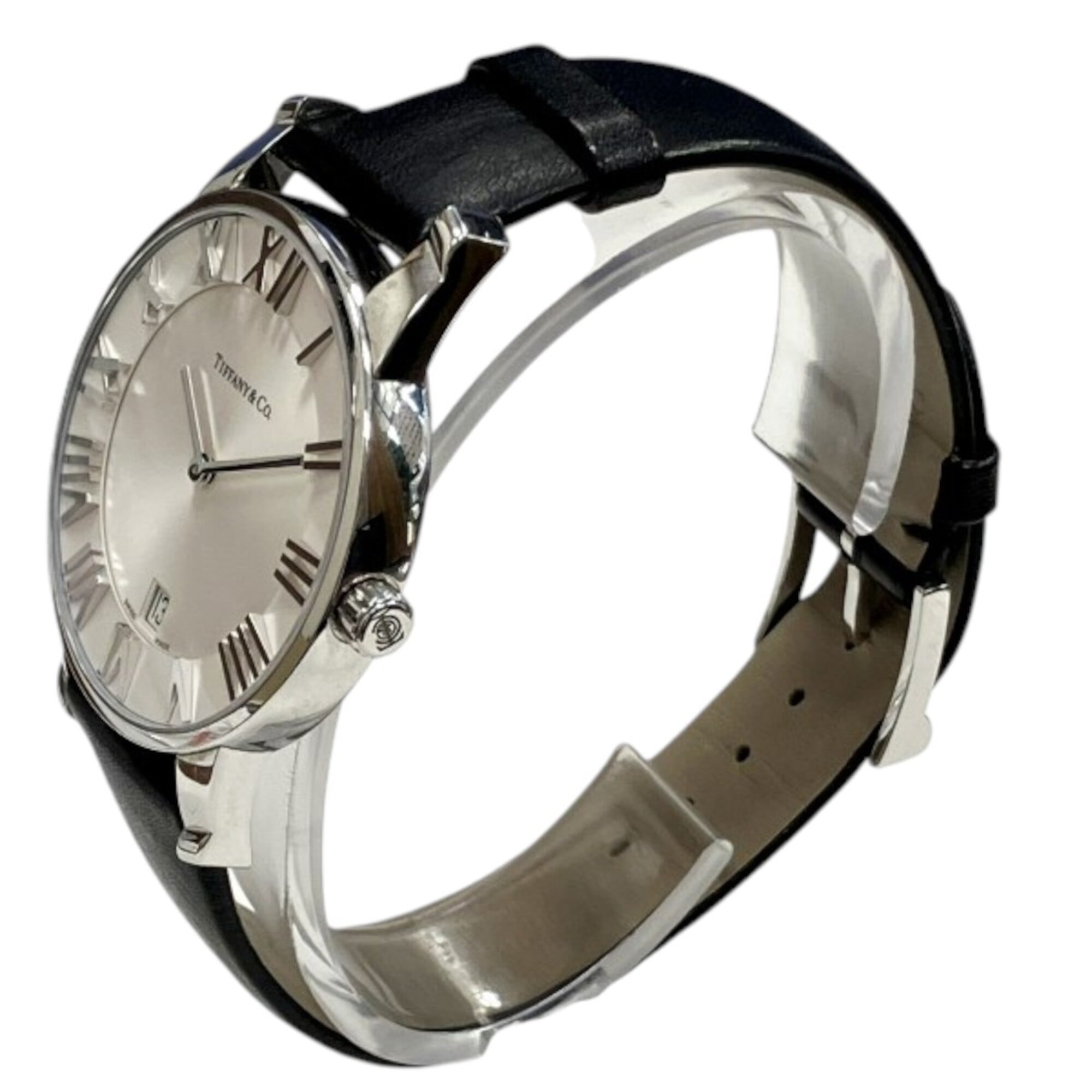 Tiffany & Co. Atlas Dome Watch, Total Weight 49.8g, Stainless Steel, Genuine Leather Strap, Quartz Movement, White Dial, T1405
