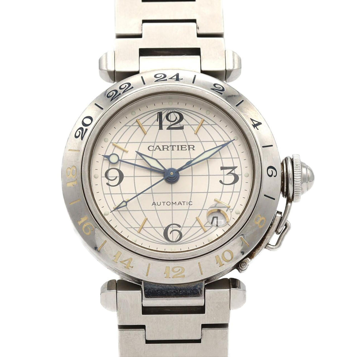 Montre Cartier Pasha C Gmt W31029M7, cadran argenté, 35 mm