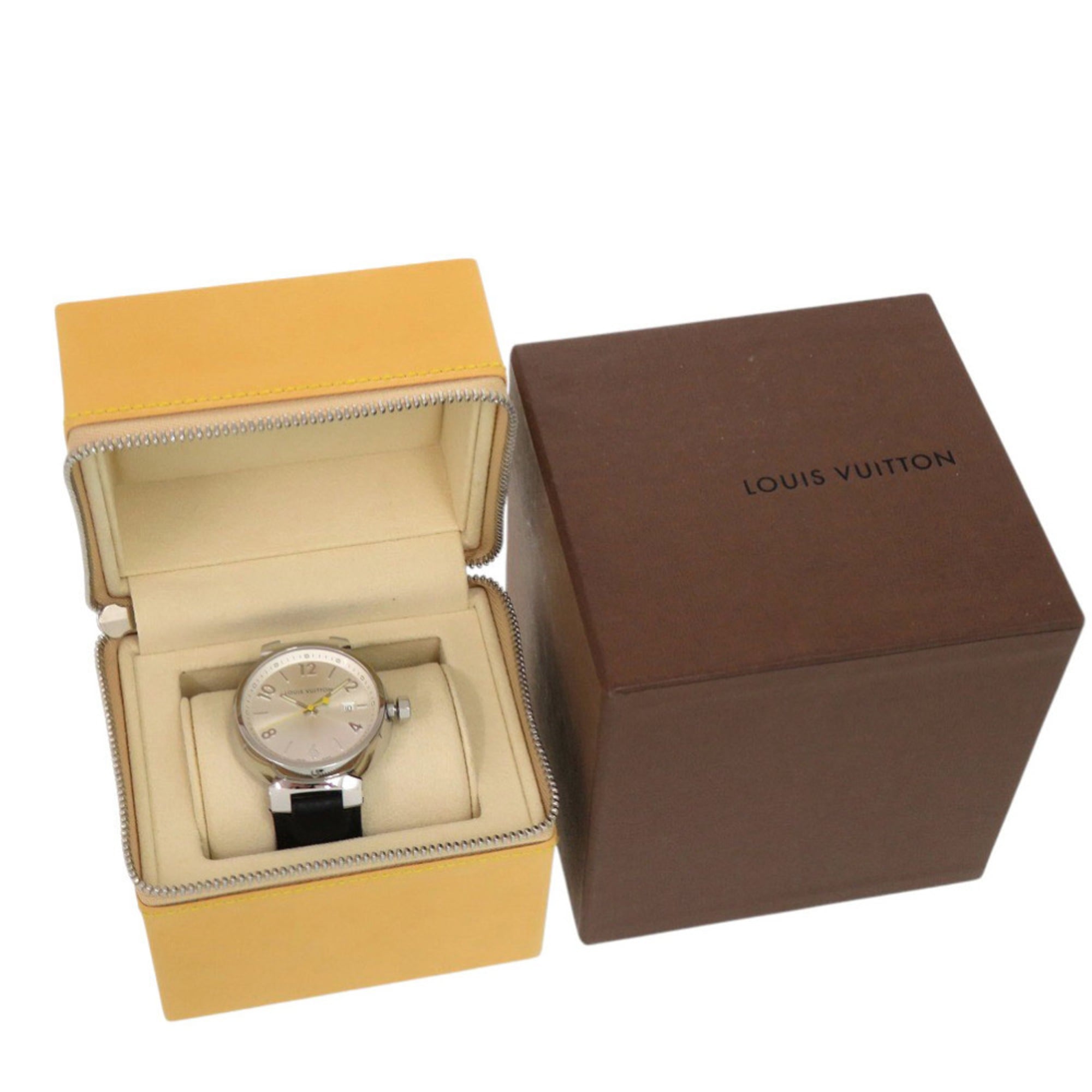 Louis Vuitton Tambour Q111E Stainless Steel Leather Silver Quartz Watch 1507 LOUIS VUITTON