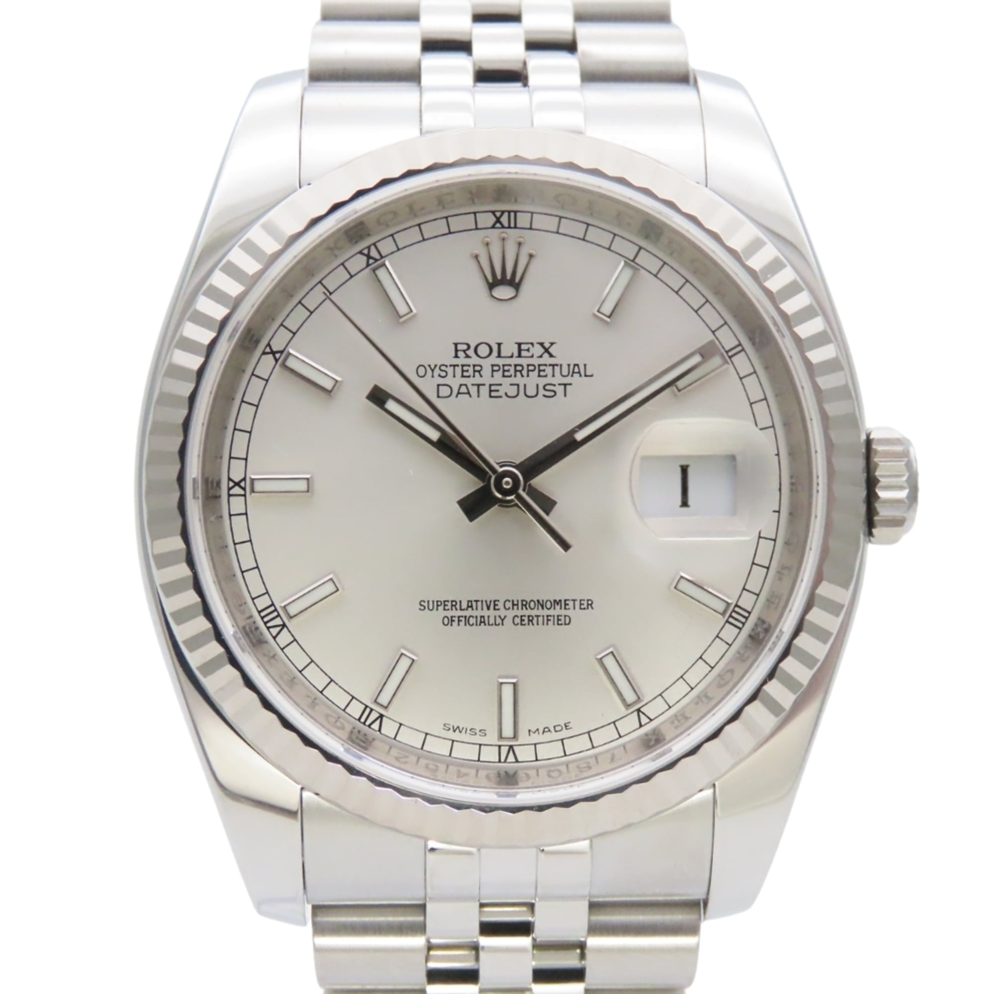 Rolex Datejust 36 116234 Stainless Steel, 18K White Gold, Silver Dial, Bar Index, Men's Watch