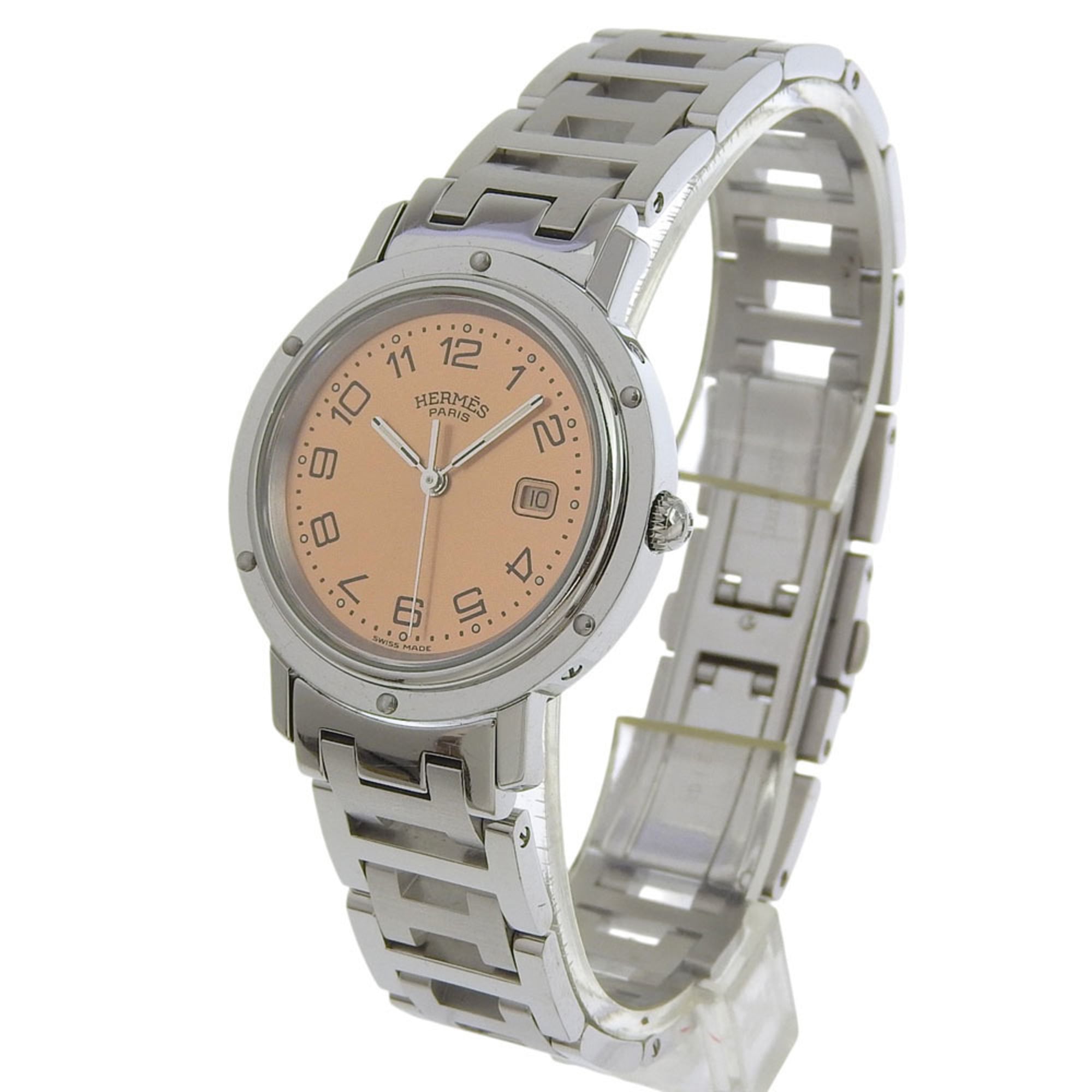 HermÃ¨s Clipper Watch CL4.410, Stainless Steel Quartz Analog Display, Pink Dial, Boys