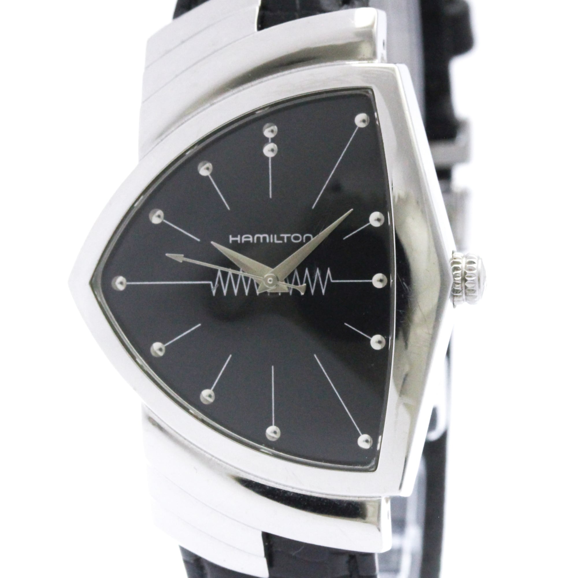 HAMILTON Ventura Stainless Steel Leather Quartz Mens Watch H24411732 Polished