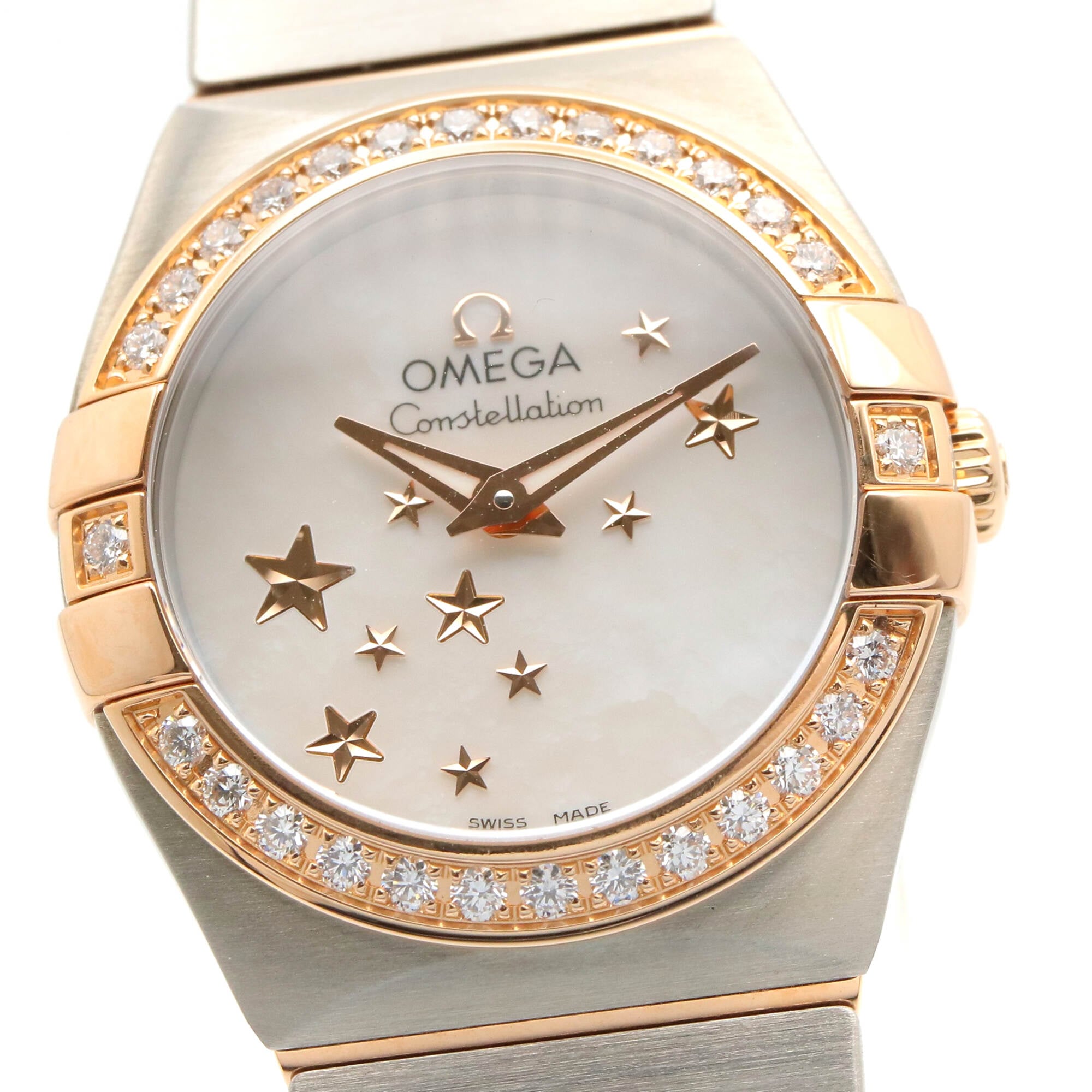 Omega Constellation Star Uhr mit blauer Diamantlünette, 18 Karat Roségold (PG) und Edelstahl, Diamanten, Damenuhr, Weiß/Weiß Perlmutt, 123.25.24.60.05.002