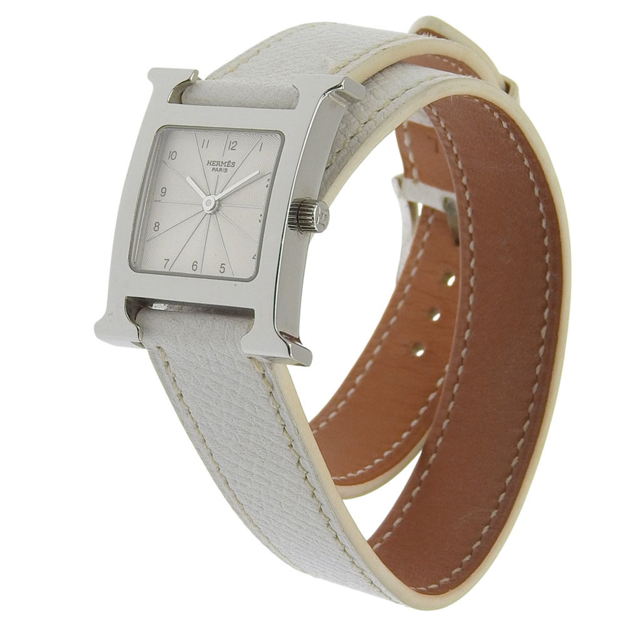 HermÃ¨s H Watch Double Tour HH1.210, stainless steel and smooth leather, made in France, 2012, silver P quartz movement, analog display, white dial, Heure watch for women.