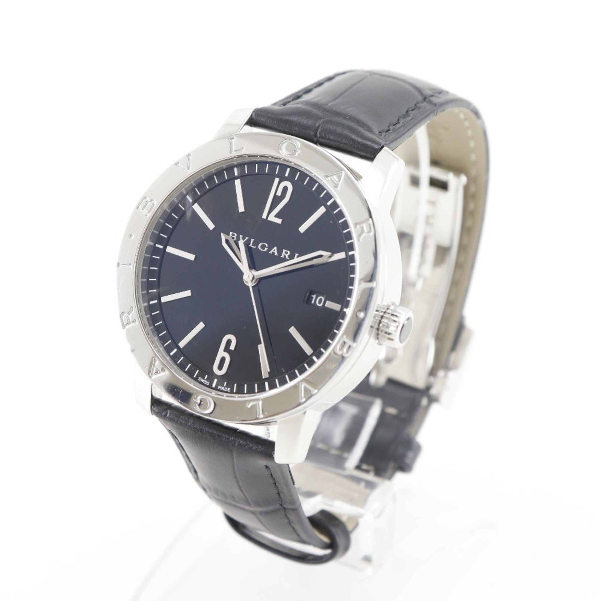 Bvlgari Watch BB41BSLD Stainless Steel and Leather Automatic Analog Display Black Dial Men's