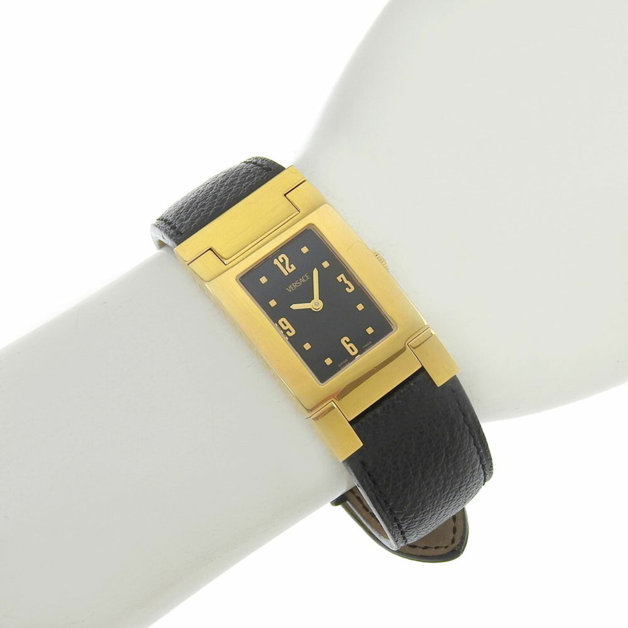 Versace VERSACE ALQ90 Rechthoekig zwart wijzerplaat GP/leer quartzhorloge op batterijen voor dames