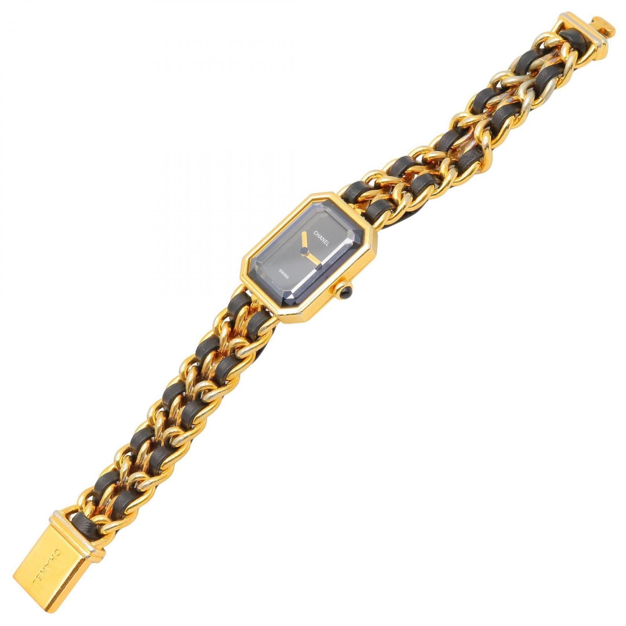 CHANEL Premiere M-horloge, verguld, met leren band, zwart, dames, H0001