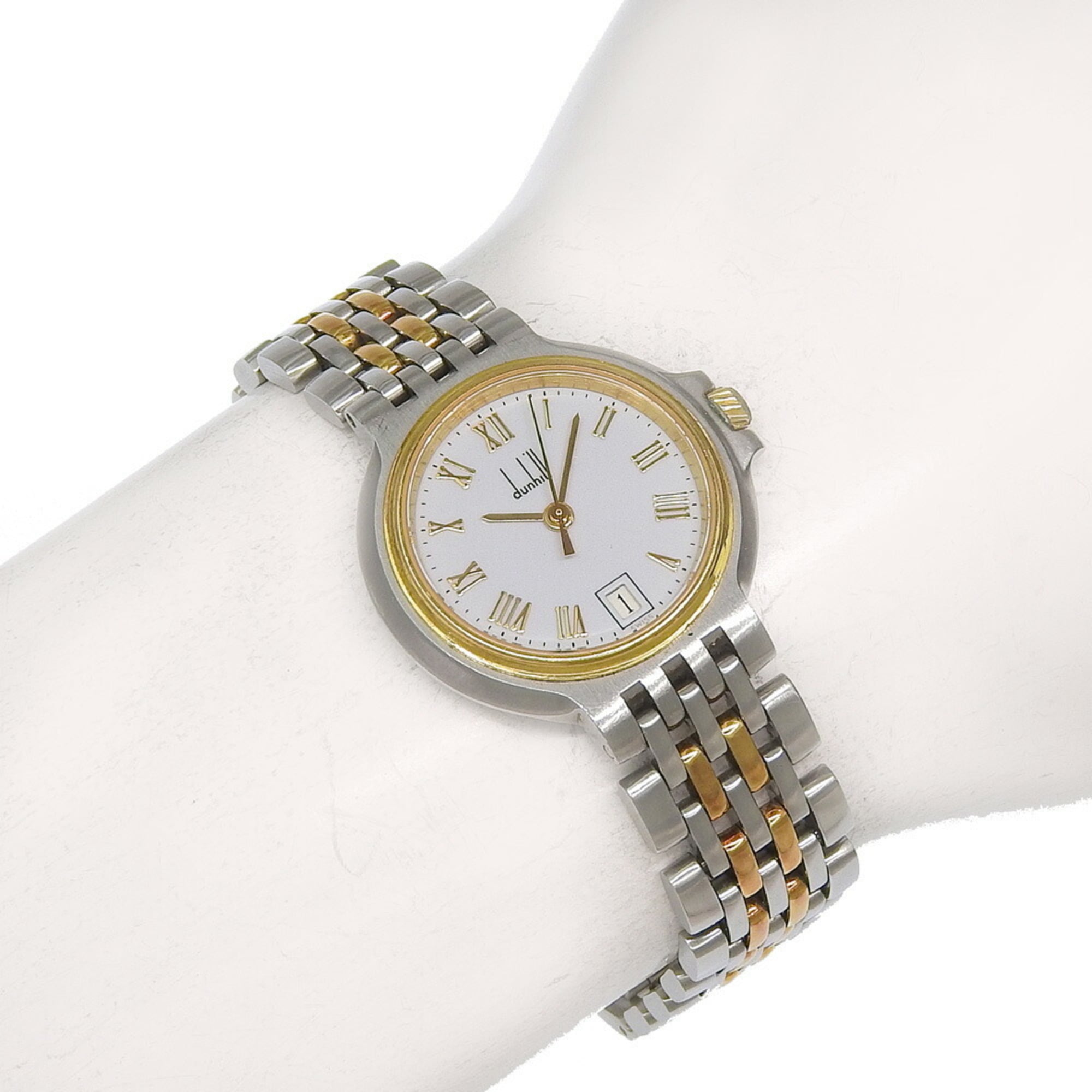 Montre pour femme Dunhill Elite Date cadran Blanc or jaune 18 carats, acier inoxydable, 40,7 g, mouvement Quartz pile, environ 27 mm