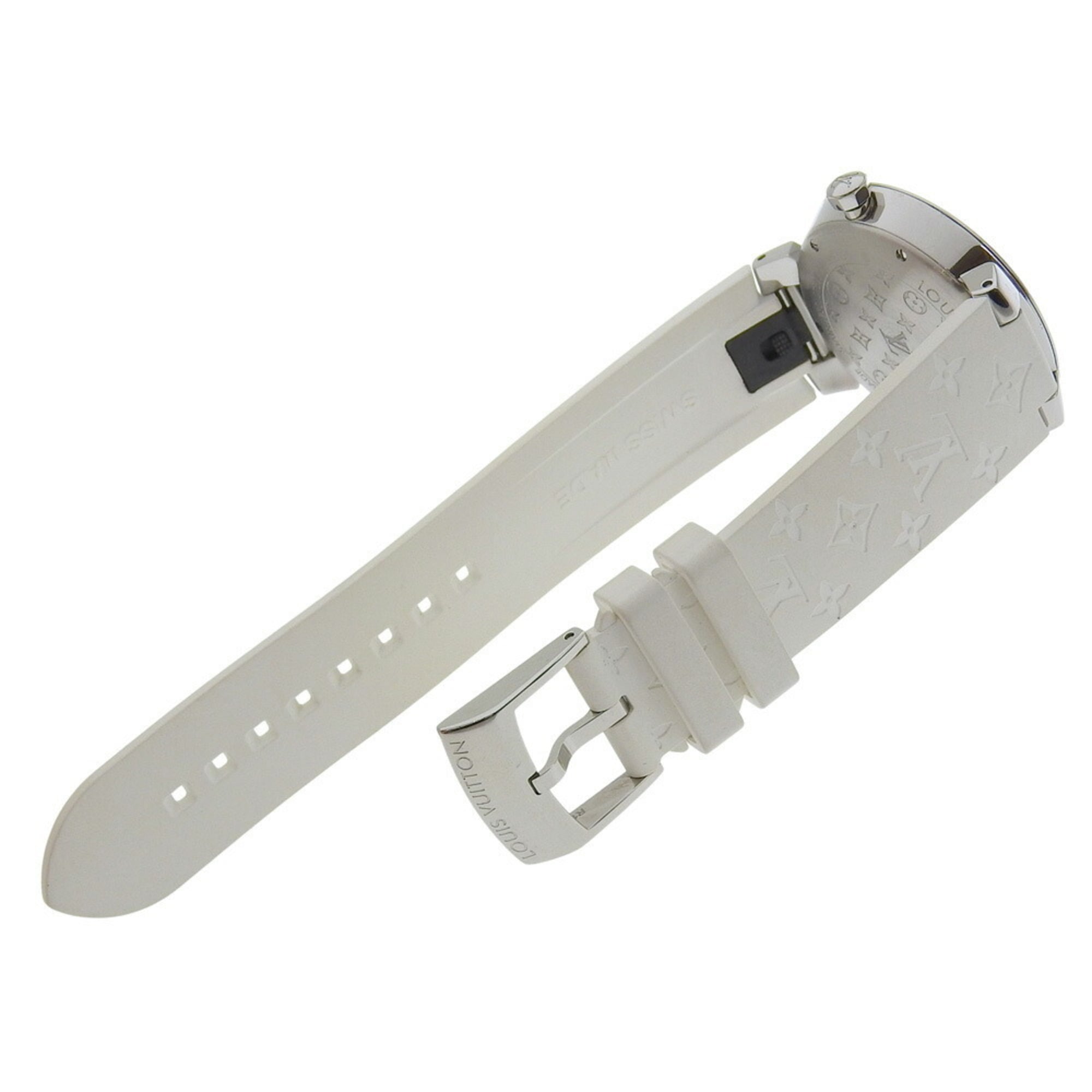 Zo goed als nieuw Louis Vuitton Tambour MM Q13MJ horloge met witte wijzerplaat en 8 diamanten, roestvrijstalen en rubberen kast, quartz uurwerk, 33 mm
