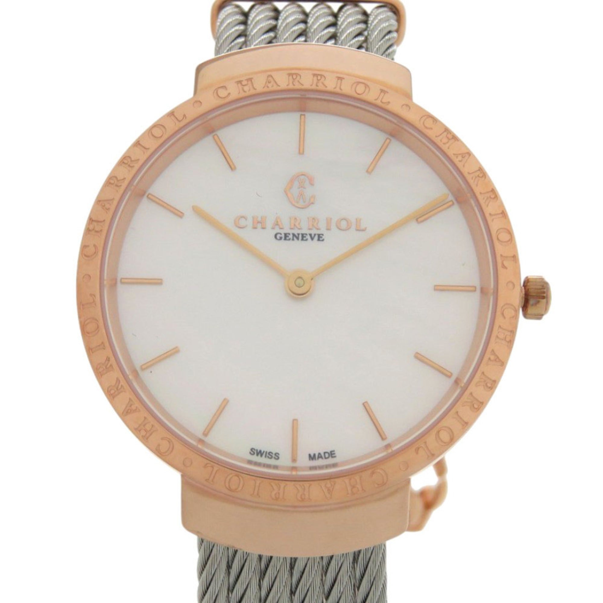 Unused Charriol Saint-Tropez Stainless Steel White Shell with Dial and Pink Gold Quartz Wristwatch 0595 CHARRIOL