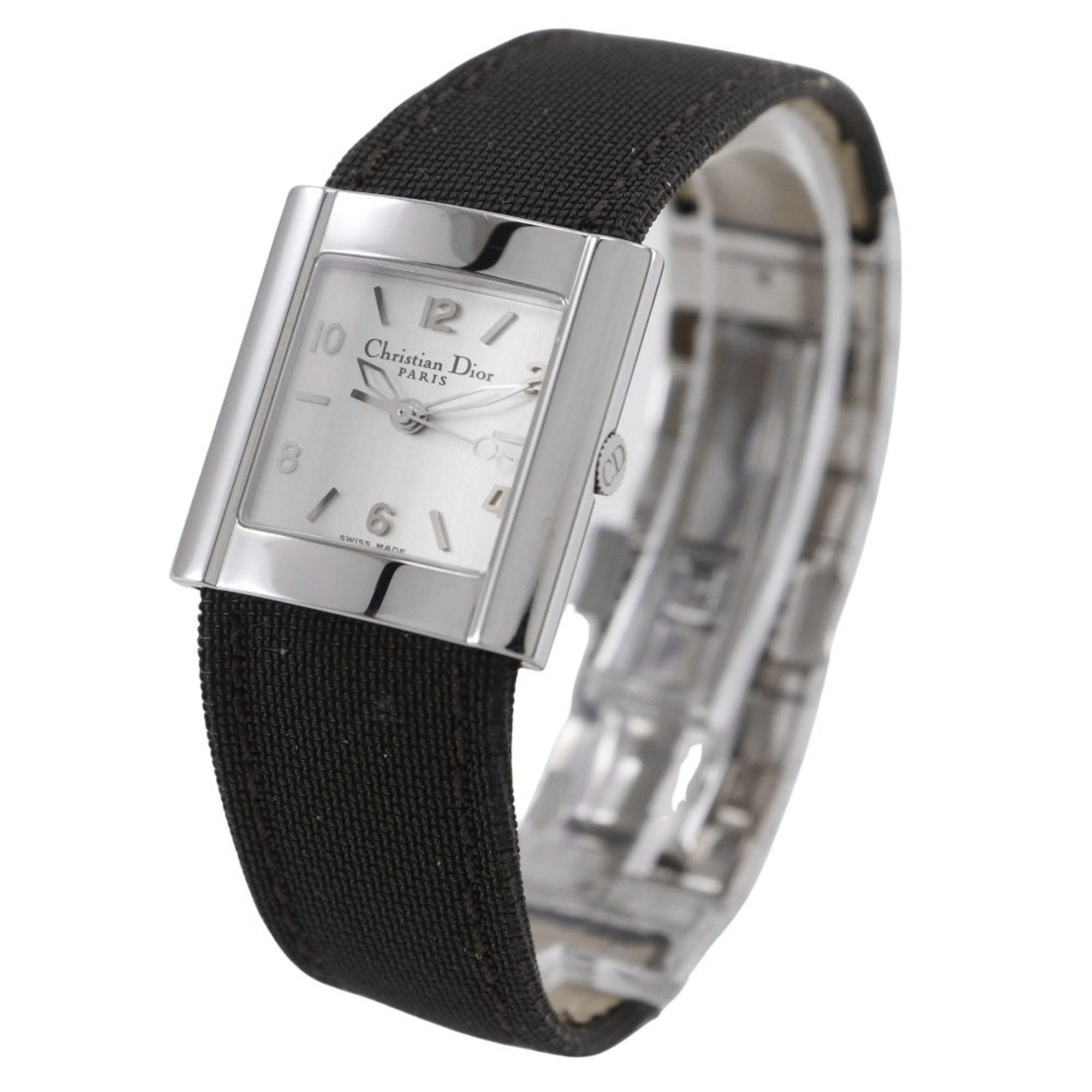 Christian Dior Riva Watch D80-100, Stainless Steel and Canvas, Quartz Movement, Analog Display, Silver Dial, Women's